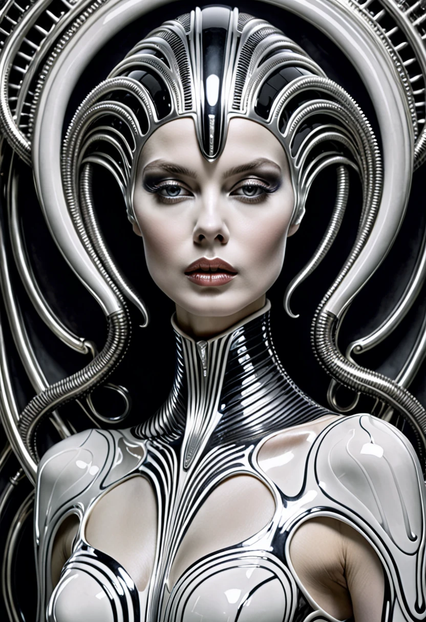 __hr_giger_art___flowing_contours__biomechaical__airbrush___strange__eerie__fashion_magazine_cover__art_deco_border___porcelain_and_platinum / A futuristic looking woman with porcelain skin