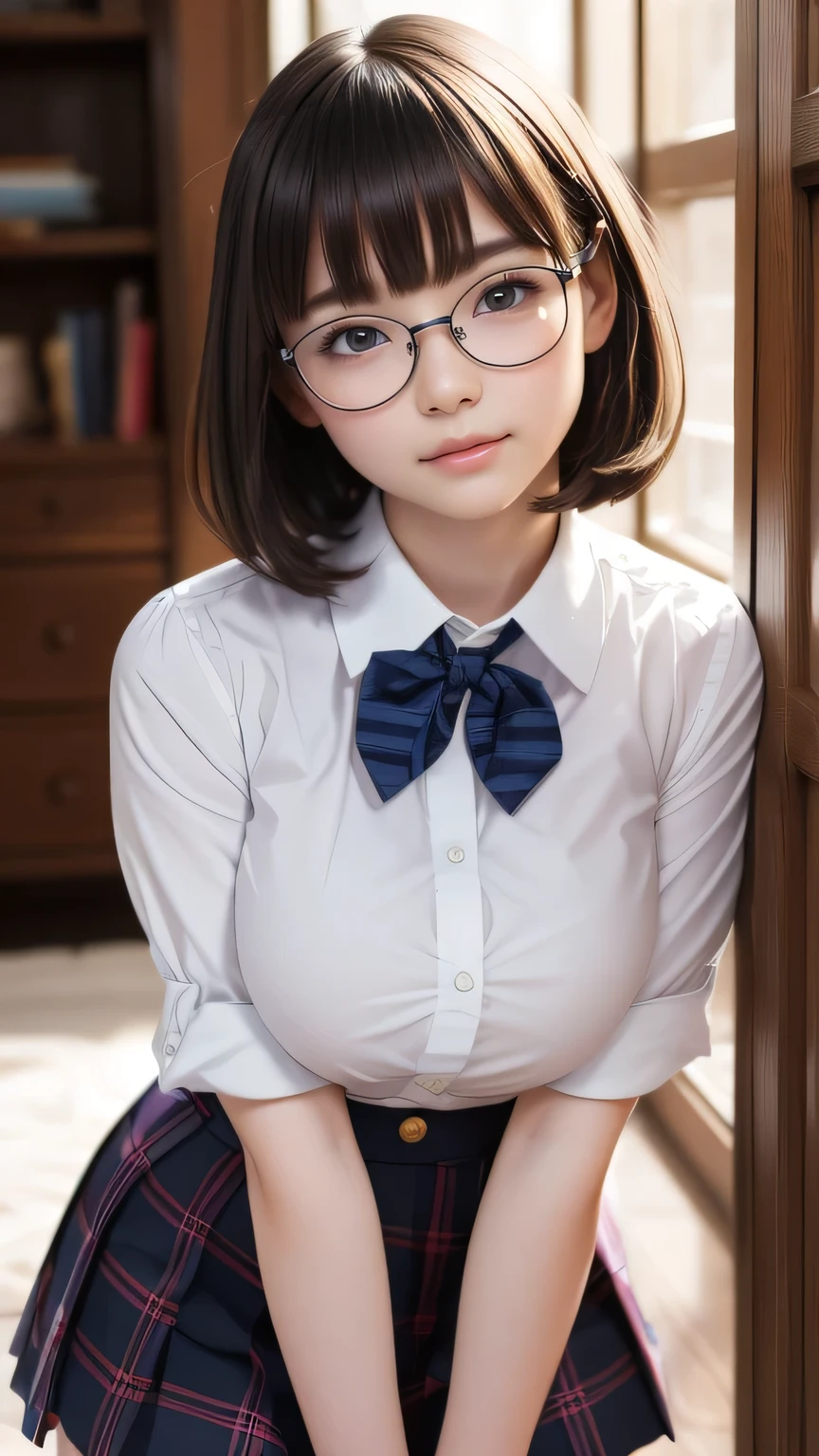 (Child face:1.4), (Pale skin:1.3), Highest quality、masterpiece、8K、,(RAW Photos, Highest quality), (Realistic, photo-Realistic:1.4), masterpiece, Very delicate and beautiful, Very detailed, 2k wallpaper, wonderful, finely, Very detailed CG unity 8k wallpaper, Very detailedな, High resolution, Soft Light, Beautiful detailed girl, Very detailed、bob straight hair, Shirt with buttons and collar、short pleated skirt with plaid pattern、A bow tie、Navy blue knee socks、high school girl、(Huge Breasts:1.3), black eye Glasses, standing, (cowboy shot:1.2), head to thigh,
