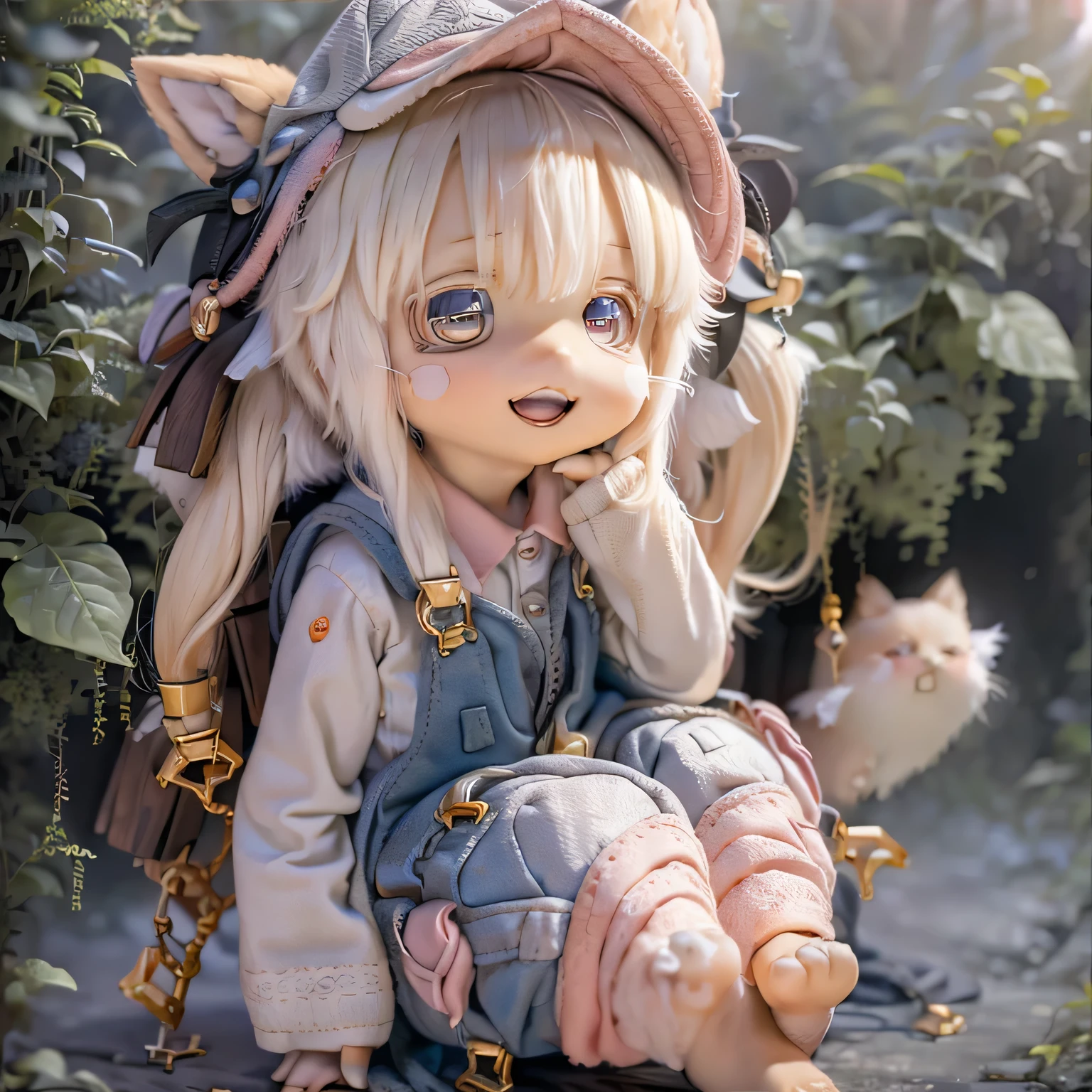 In the garden, smile, Similar to Chi from Made in Abyss. She is beautiful, Beautiful eyes and lips.  (((chibi style,))) . The image quality is excellent, Highly detailed and realistic features. The medium of this work is、Combine illustrations and photorealistic renderings.. The colors are vivid、The lighting creates a warm and bright atmosphere。 whole body(((((Overalls)))))Contrasting cute poses、feet