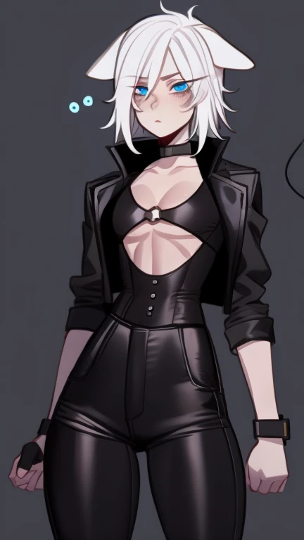 Single boy, Anime Femboy, Short, Long white hair, dog ears, blue eyes, short jeans, thigh high socks, black combat boots, open black jacket, flat chest, super flat chest, tank top, solo femboy, only one femboy