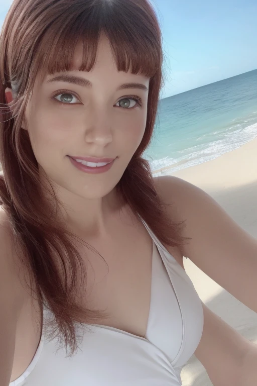 One Woman, Beautiful woman in a white one-piece swimsuit，Small breasts and delicate body, All white background,  Detailed face, Beautiful Eyes, Beautiful Lips, double eyelid, A kind smile,  Sunburn, Pubic hair tips, (Best Quality, 8k, masterpiece:1.3), Front and full body shot, pussy line, positive, Spread your legs,Medium Hair，Straight bangs，blonde