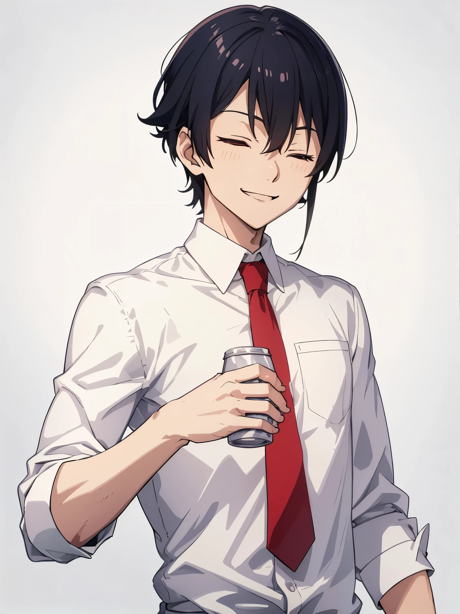 Anime boy, wearing white shirt , red tie, smile, eyes closed , holding soda can, full sleeves, sleeves fold , flat white background 