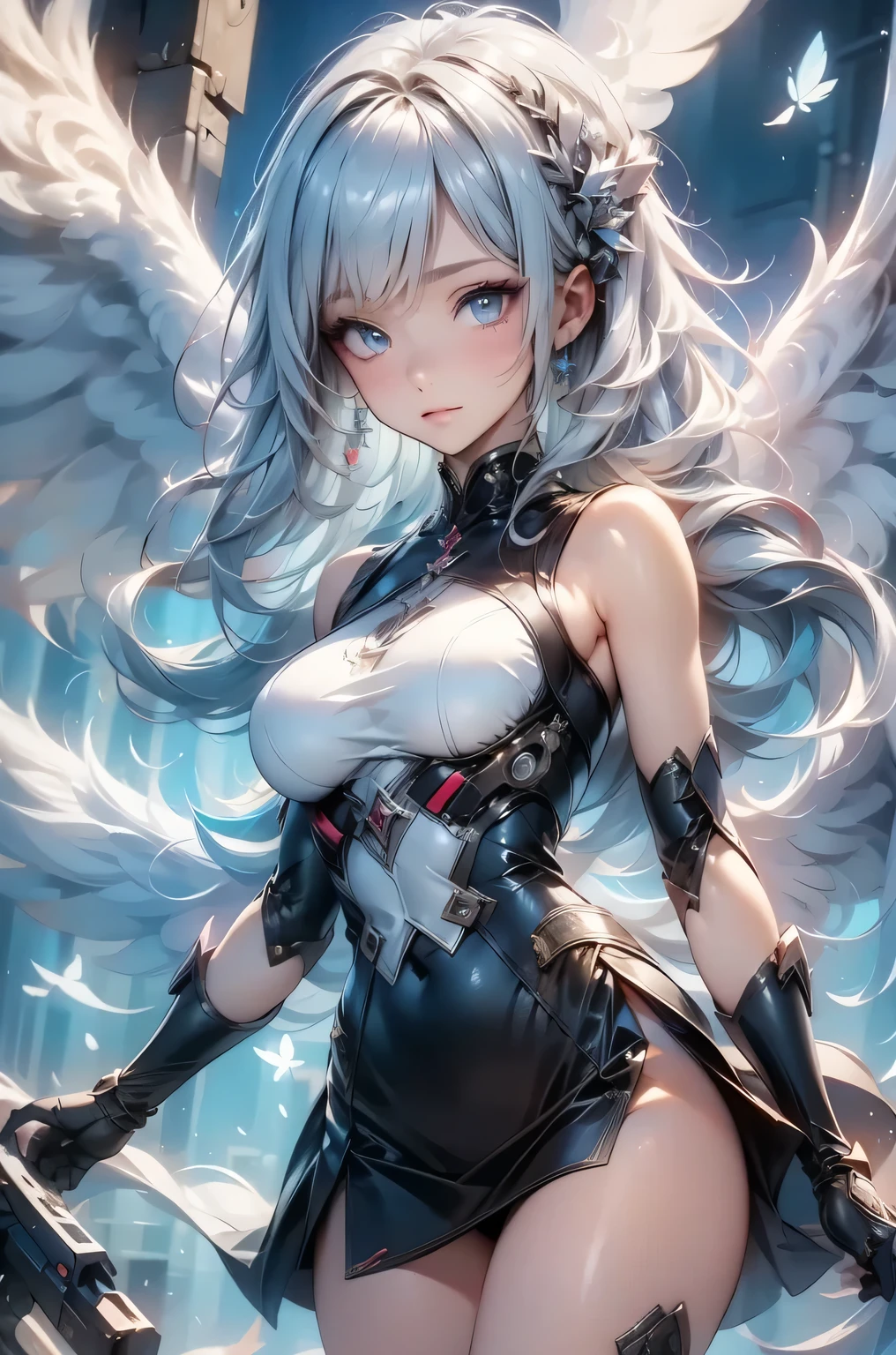 masterpiece, best quality, 1girl, medium breasts, white hair, mechanic, arms, armed angel,
