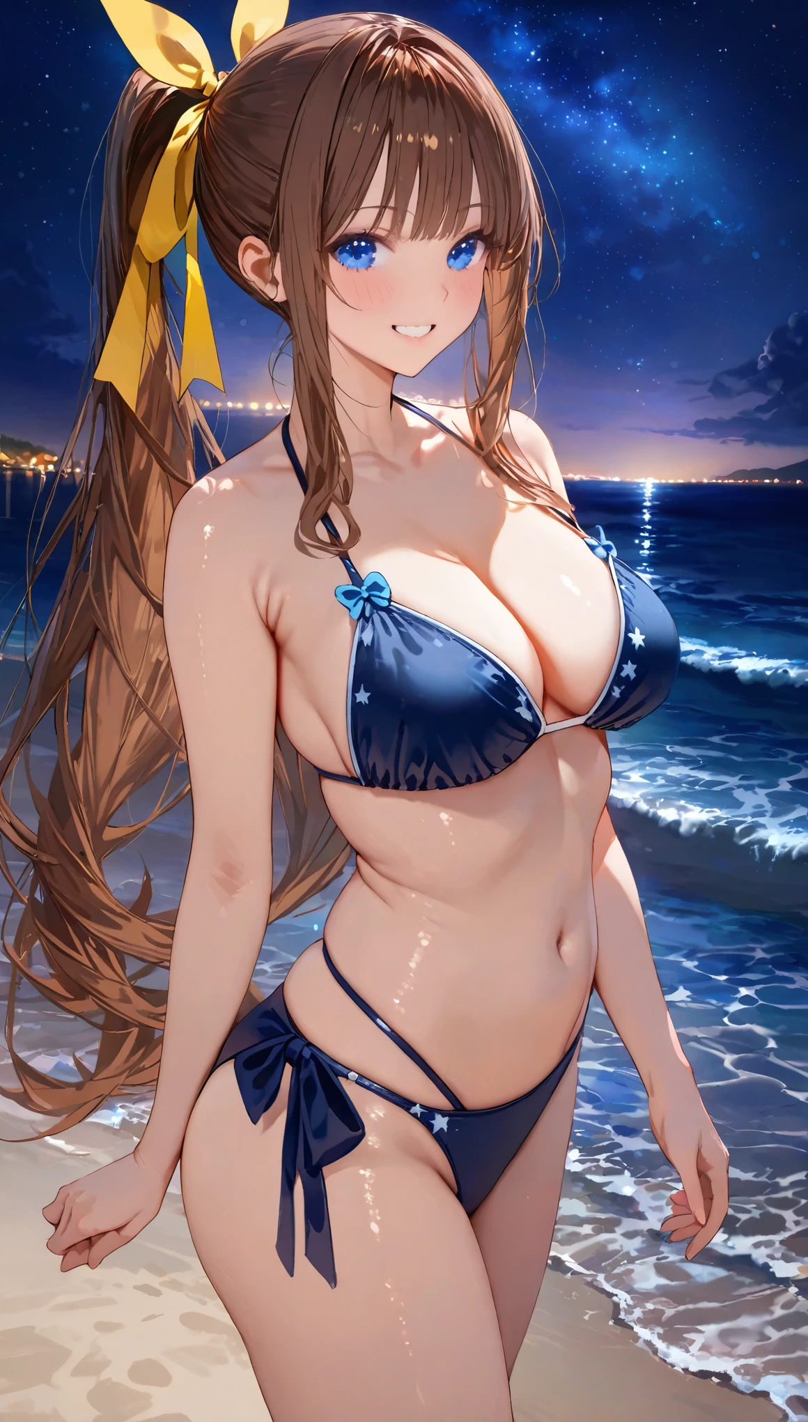 (High resolution, accurate, Best Quality, Anatomically correct, masterpiece), solo, (night:1.10), (starry sky:1.10), beach, beautiful detailed sky, (extremely detailed background:1.20), (standing:1.10), looking at viewer, (bikini:1.30), blue_eyes, brown_hair, ribbon, bangs, ponytail, sidelocks, hair_ribbon, smile, blush, yellow_ribbon, long_hair, light smile