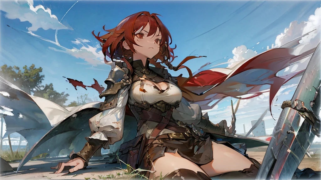 Girl Red Hair,Large Breasts,Battle-torn clothes,Broken Sword,Looking up at the sky alone on a deserted battlefield