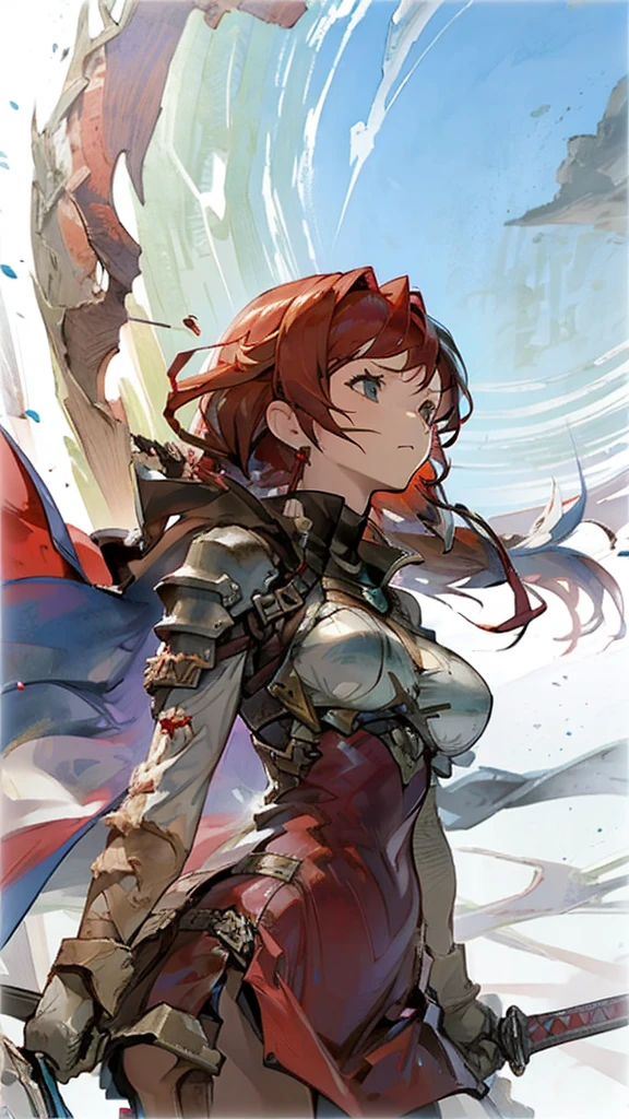 Girl Red Hair,Large Breasts,Battle-torn clothes,Broken Sword,Looking up at the sky alone on a deserted battlefield,sad