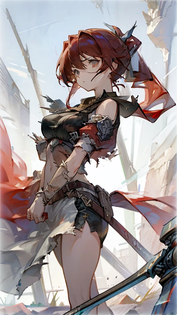 girl red hair ponytail,Large Breasts,Battle-torn clothes,Broken Sword,Looking up at the sky alone on a deserted battlefield,sad