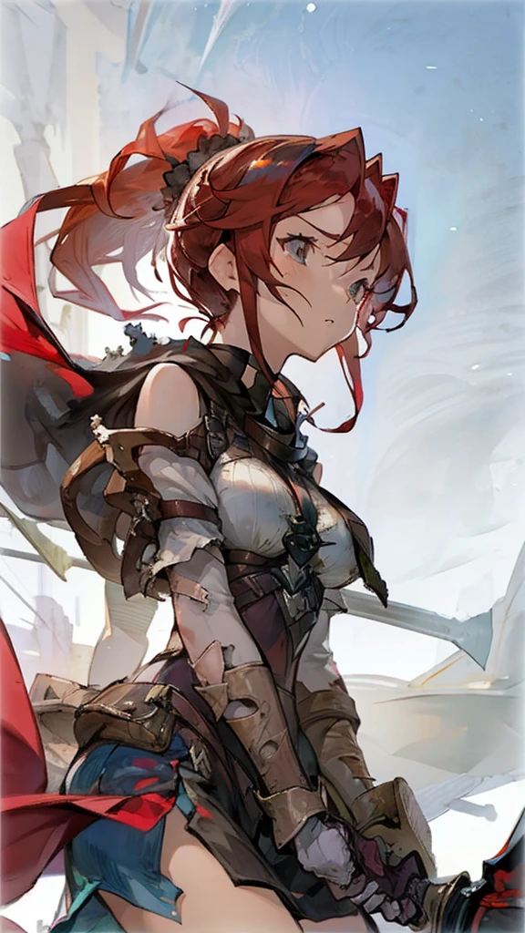 girl red hair ponytail,Large Breasts,Battle-torn clothes,Broken Sword,Looking up at the sky alone on a deserted battlefield,sad