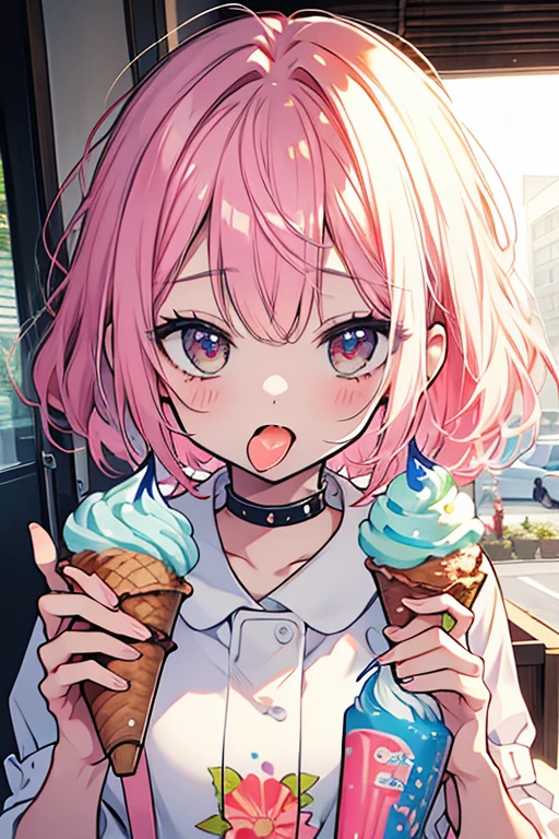 ((((Super Illustration Style:1.0)))),Highest quality,Best Anime,masterpiece,Ray Tracing,Top floor room at night,(Fellatio gestures:1.3),One young girl, alone,View your viewers,Outdoor,Upper Body,saliva,Verbal invitation,(Realistic hand movements:1.3),(holding ice cream in hand:1.3)