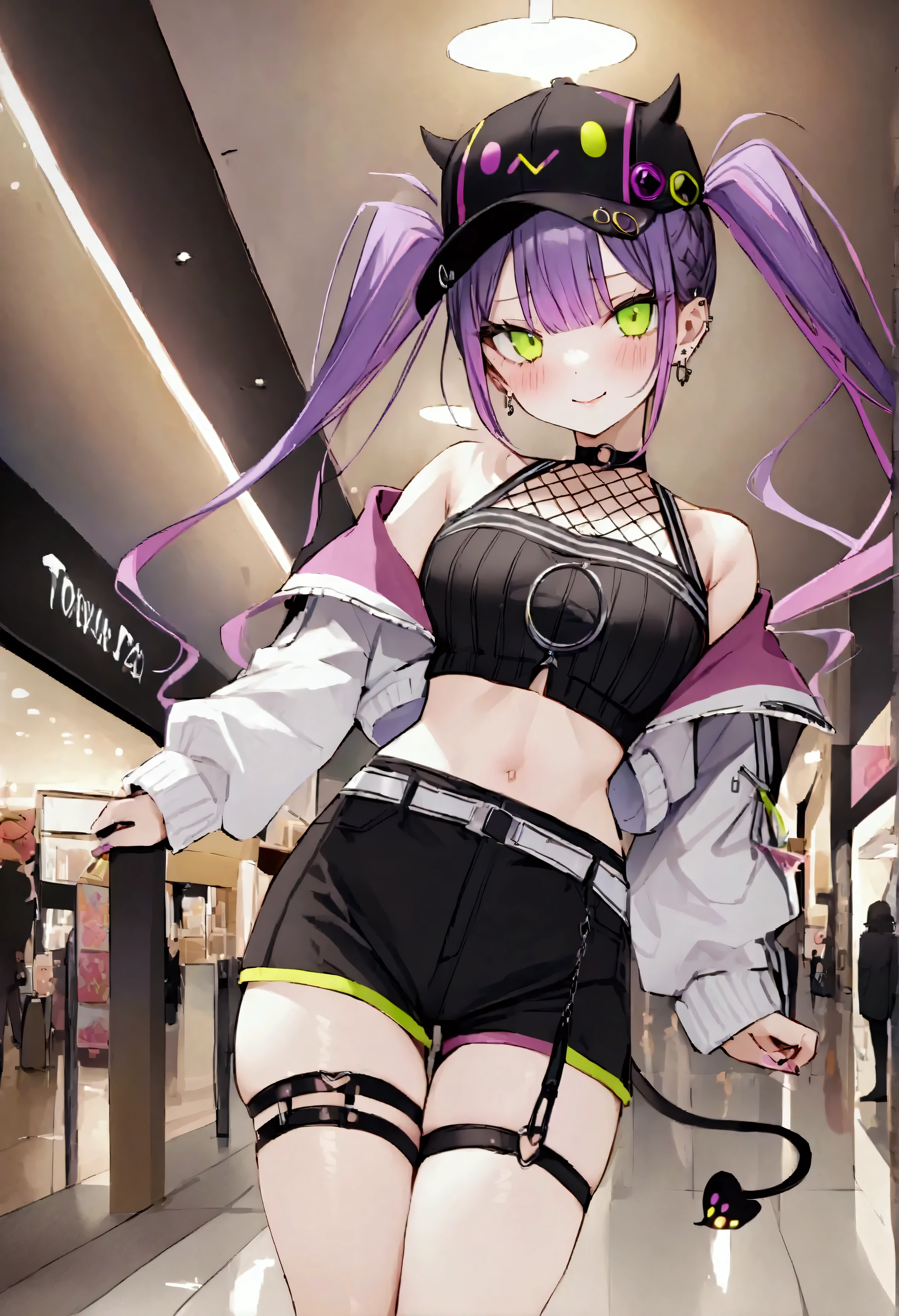 NSFW,masterpiece,Best Quality,High resolution,Very detailed,Towa Tokoyami\(Hove\),Purple Hair,Green Eyes,Twin tails、Two-tone jacket、Closed jacket、Cropped jacket、Off the shoulder、Black crop top、Black shorts、Fishnet stockings、Single knee socks、Baseball cap、Devil&#39;s Tail、Earrings,Shopping Mall,Bad Smile,blush