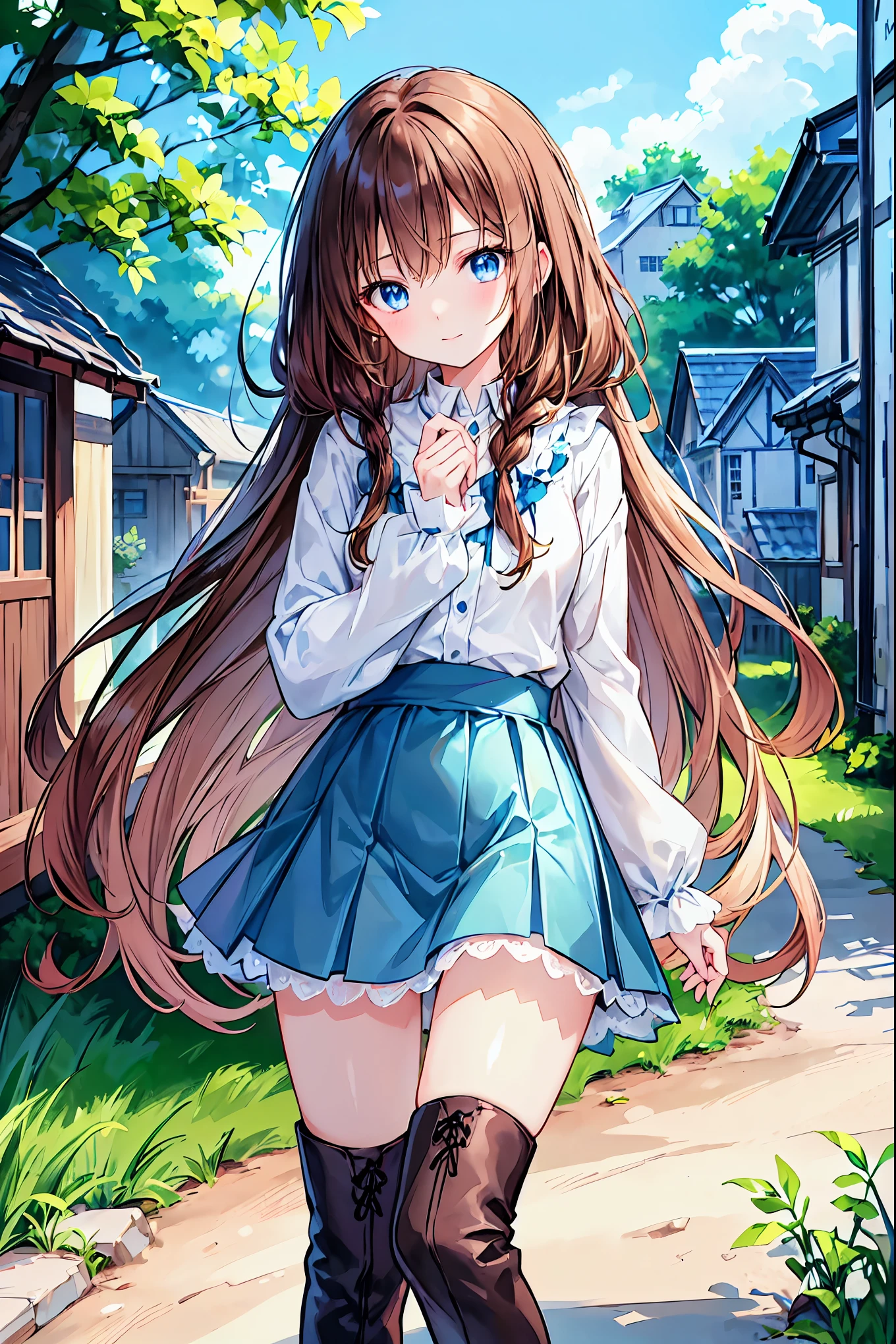 Anime girl dressed as a maid posing outdoors in the park, (masterpiece:1.2), (highest quality:1.2), Portrait, Curvy but slender body, perfect eyes, perfect face, perfect lighting, 1 girl, long hair, wavy hair, fine clothes, detailed outdoor background, compensate, eye shadow, thick eyelashes, fantasy, (maid), whole body, alice in wonderland, Bright and beautiful face, young shiny glossy white shiny skin, the best beauty, the most beautiful bright dark brown hair in the world, thin hair, super long wavy hair, Shining beautiful bangs, Shining crystal clear big aqua eyes, Very beautiful lovely 20 year old most beautiful girl in the world, big rounds breasts, ((She shyly lifts her skirt to show her panties))