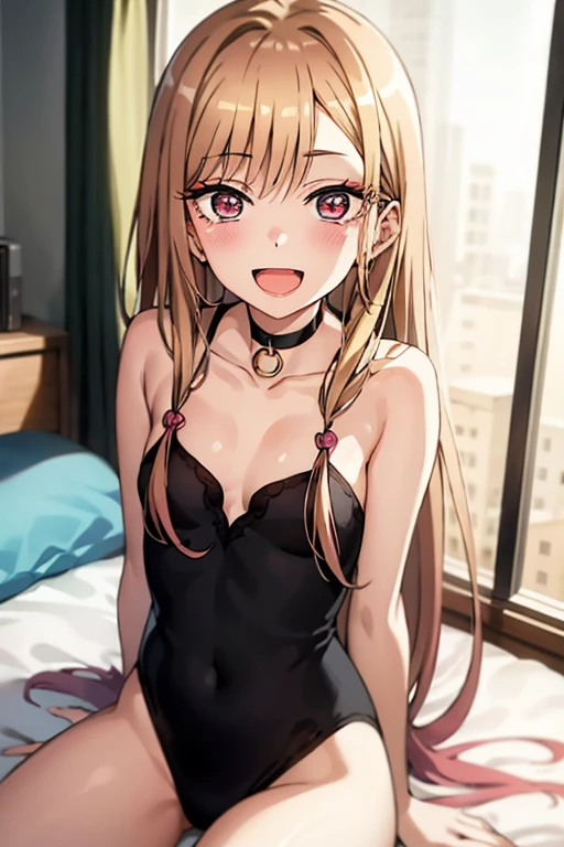 ((Best Quality)), ((masterpiece)), (be familiar with), Perfect Face, indoor, bedroom, Watching the audience,
One woman, Kitagawa Marin,
Open Mouth, Ecstatic expression, blush, smile,
Small breasts, Flat Chest, , , child, Girl,
Long Hair, Long Hair,
Leg spread,