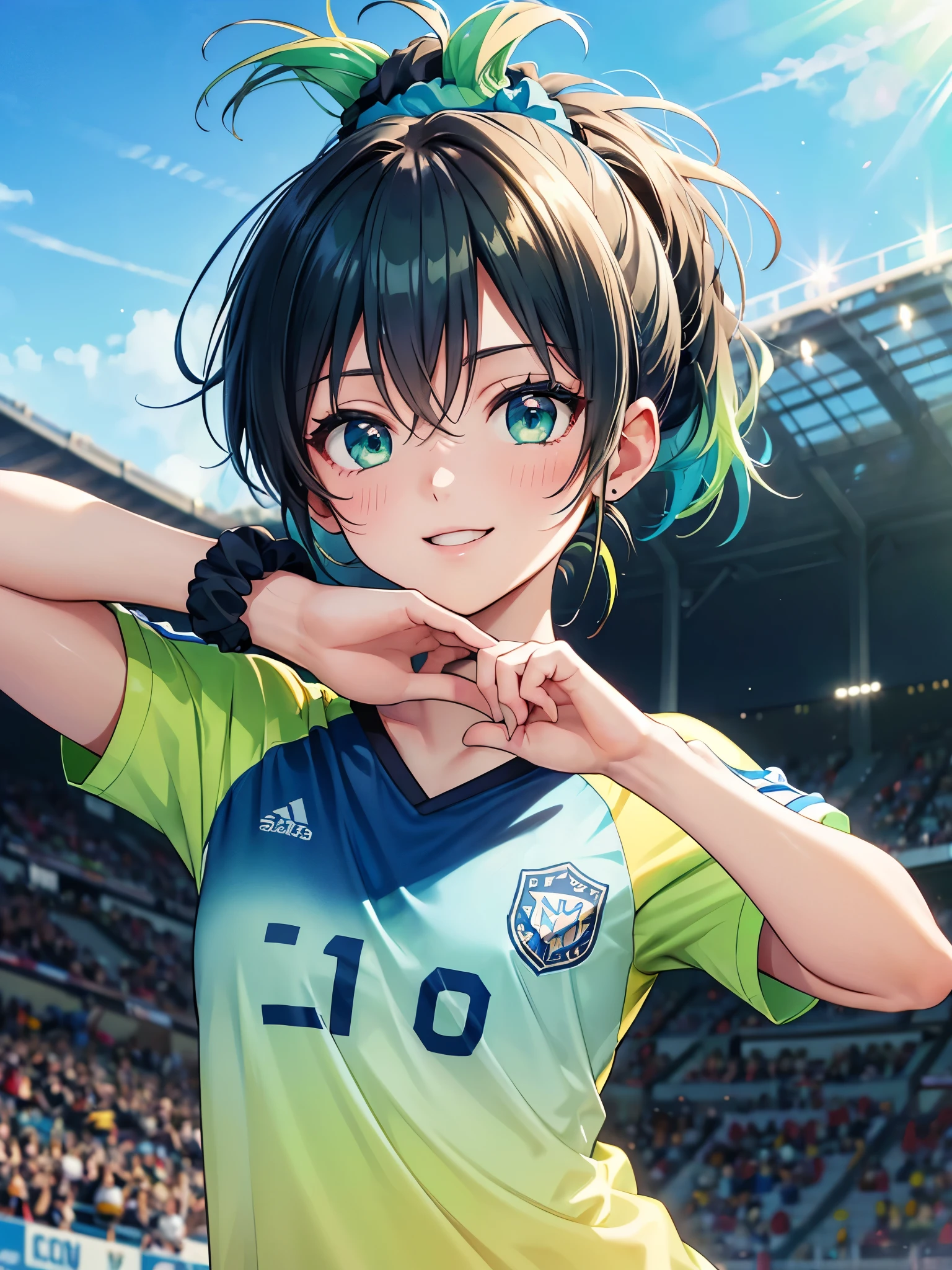 ((A soccer uniform with a vibrant gradient pattern that combines light green and blue:1.3)),(16k,Ultra-high resolution,Best Quality,masterpiece,Very detailed,Extremely clear CG),,Very detailed顔の特徴, Beautiful and perfect face:1.3, Perfect Eyes:1.3,,Cute and beautiful high school girl soccer player with short ponytail,((Blue Scrunchie:1.3)),Blue socks,(Black Hair),((A soccer stadium dyed light green:1.3)),((Beautiful clear blue sky:1.3)),Anatomically correct body,Light green wristband,The happiest smile,Best Anime,The best CG,Light green light,Blue accent color,((upper body Shot:1.3))