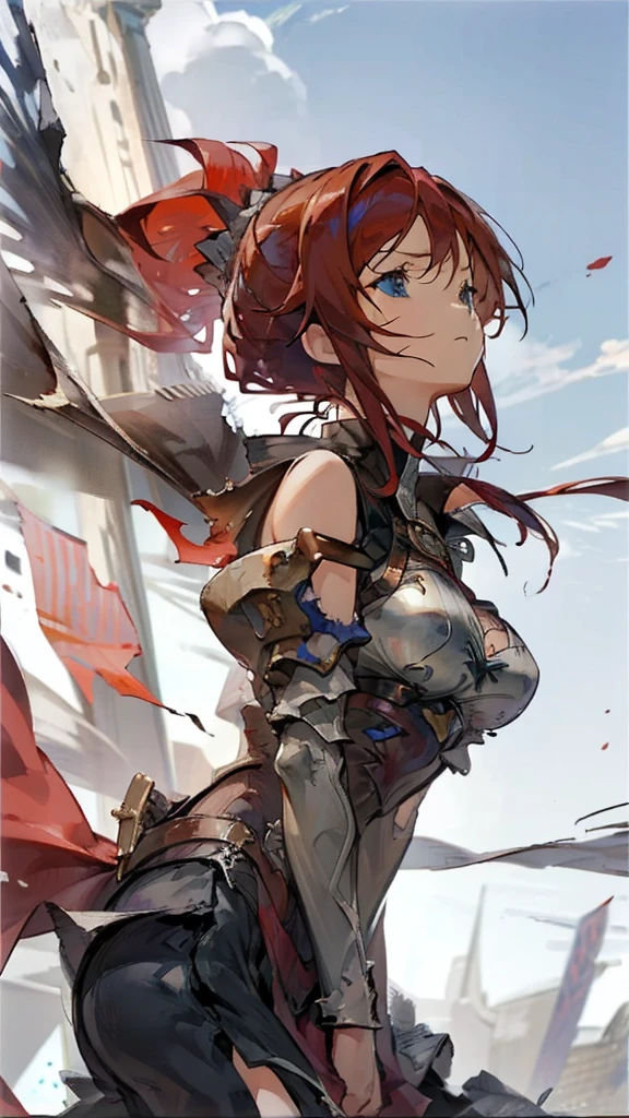 Girl Red hair Blue eyes Ponytail,Large Breasts,Clothes ripped and torn from the battle,Broken Sword,Looking up at the sky alone on a deserted battlefield,sad