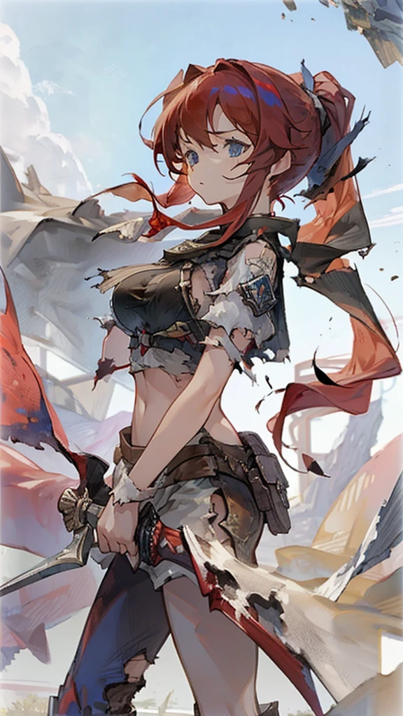 Girl Red hair Blue eyes Ponytail,Large Breasts,Clothes ripped and torn from the battle,Broken Sword,Looking up at the sky alone on a deserted battlefield,sad