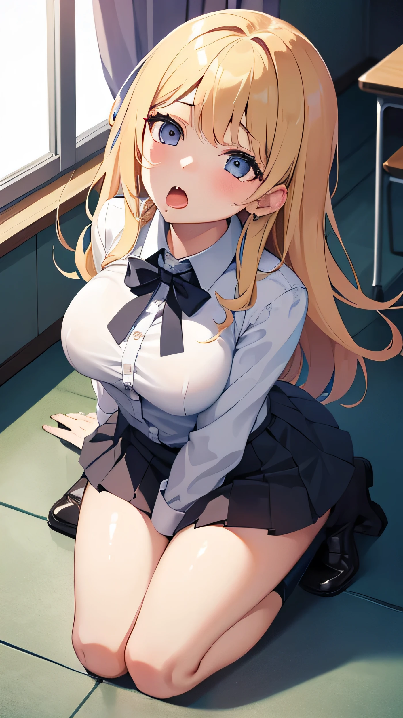 1 girl being raped by a man from behind, wearing white shirt and black skirt, laying down on floor, crying loudly, open mouth, sad facial expression, blonde hair, long hair, face to detail, detailed eyes, closeup illustration, perfect hands