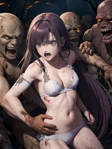 Many monsters attack、(((masterpiece, Highest quality:1.3,absurdres))),nsfw,25 year old beauty,solo,((very small head:1.3)),long hair,bangs,dark blue hair,dark blue eyes,gorgeous eyes,Pain、medium breasts,((very long body:1.2)),((toned body,slender body)),skinny,((tan skin)),gleaming skin,shiny skin,sweat,((White panties)),((nipples,topless,navel、Injury、Beaten bruises:1.3)),White sneakers、kneeling,(Monsters biting into body、Lots of monsters),Collapsed building,Tokyo、at night、