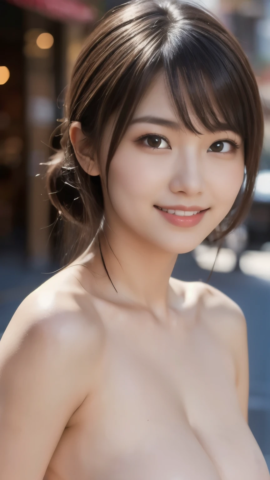 8k、Best Quality、(Representative works:1.2)、(Genuine)、(Genuine:1.37)、Ultra-high resolution、One female university student、Droopy eyes、Beautiful teeth alignment,smile、Well-formed fingers、ponytail、Around town、(nude)、Big Breasts、Perfect body、Perfect fingers、Beautiful Skin、Professional Writing、gravure、Detailed face and skin texture、Microparticles、RAW Photos