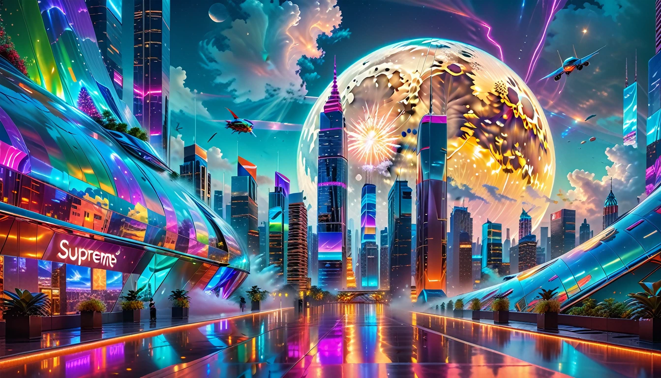 A Masterpiece In 32K Resolution, Supreme Quality, Super Detail, Official Art, Very High-Resolution 32K Wallpaper, Futuristic And Transcendent, Ultra-Detailed Features, Urban Dreamscape. Skyscrapers With Iridescent Surfaces Tower Above A Bustling City, Bathed In Neon Lights And Holographic Displays. Hovering Vehicles Glide Through The Air, While Lush Rooftop Gardens Add A Touch Of Nature To The Urban Landscape. A Radiant Moon Hangs Low In The Sky, Casting A Soft Glow On The Vibrant Streets Below.