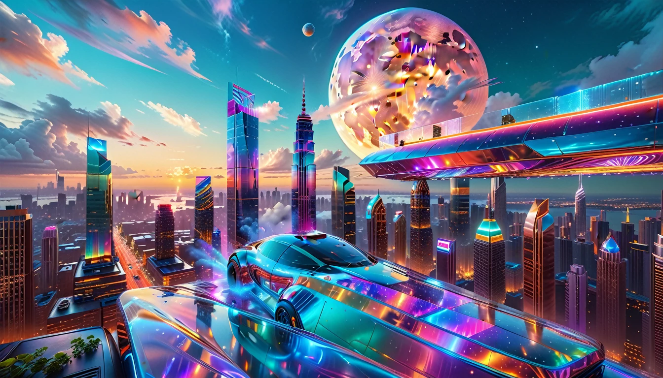 A Masterpiece In 32K Resolution, Supreme Quality, Super Detail, Official Art, Very High-Resolution 32K Wallpaper, Futuristic And Transcendent, Ultra-Detailed Features, Urban Dreamscape. Skyscrapers With Iridescent Surfaces Tower Above A Bustling City, Bathed In Neon Lights And Holographic Displays. Hovering Vehicles Glide Through The Air, While Lush Rooftop Gardens Add A Touch Of Nature To The Urban Landscape. A Radiant Moon Hangs Low In The Sky, Casting A Soft Glow On The Vibrant Streets Below.