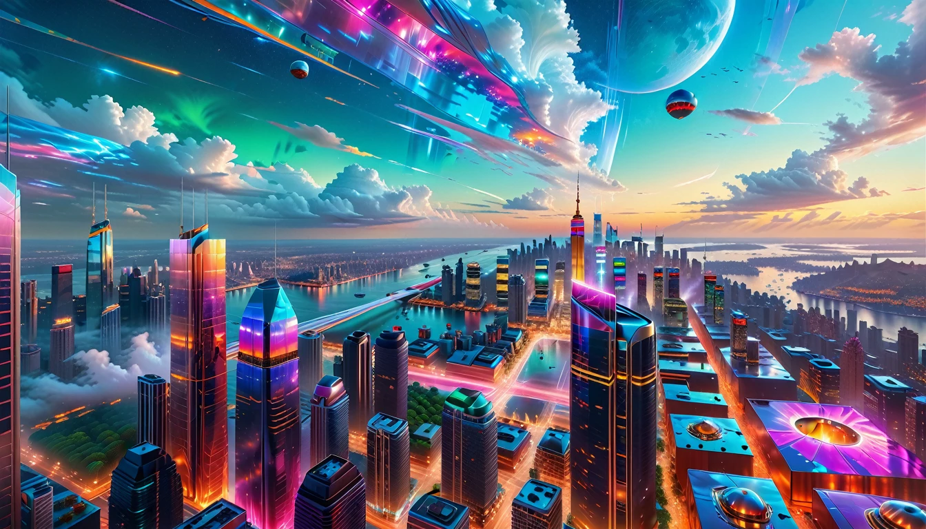 A Masterpiece In 32K Resolution, Supreme Quality, Super Detail, Official Art, Very High-Resolution 32K Wallpaper, Futuristic And Transcendent, Ultra-Detailed Features, Urban Dreamscape. Skyscrapers With Iridescent Surfaces Tower Above A Bustling City, Bathed In Neon Lights And Holographic Displays. Hovering Vehicles Glide Through The Air, While Lush Rooftop Gardens Add A Touch Of Nature To The Urban Landscape. A Radiant Moon Hangs Low In The Sky, Casting A Soft Glow On The Vibrant Streets Below.