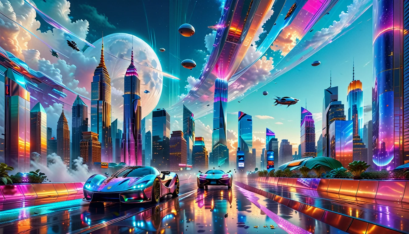 A Masterpiece In 32K Resolution, Supreme Quality, Super Detail, Official Art, Very High-Resolution 32K Wallpaper, Futuristic And Transcendent, Ultra-Detailed Features, Urban Dreamscape. Skyscrapers With Iridescent Surfaces Tower Above A Bustling City, Bathed In Neon Lights And Holographic Displays. Hovering Vehicles Glide Through The Air, While Lush Rooftop Gardens Add A Touch Of Nature To The Urban Landscape. A Radiant Moon Hangs Low In The Sky, Casting A Soft Glow On The Vibrant Streets Below.