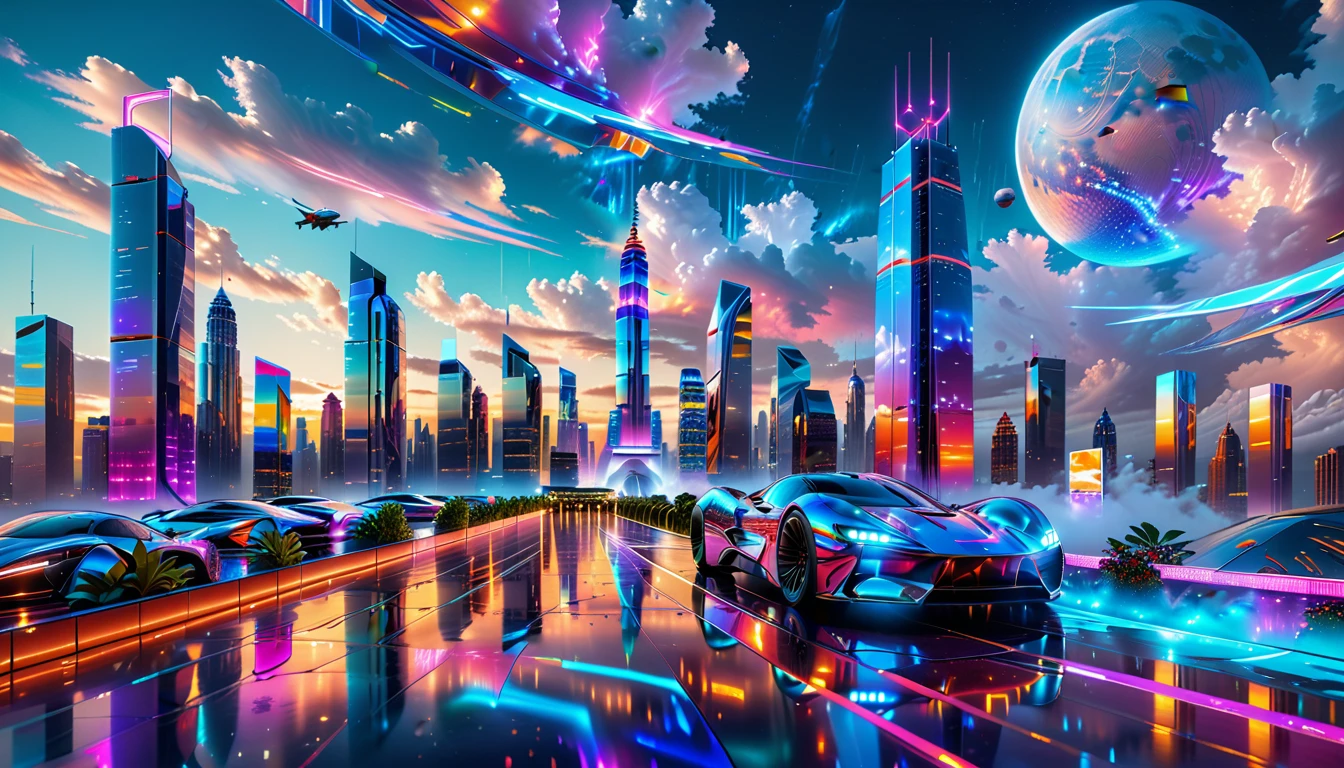 A Masterpiece In 32K Resolution, Supreme Quality, Super Detail, Official Art, Very High-Resolution 32K Wallpaper, Futuristic And Transcendent, Ultra-Detailed Features, Urban Dreamscape. Skyscrapers With Iridescent Surfaces Tower Above A Bustling City, Bathed In Neon Lights And Holographic Displays. Hovering Vehicles Glide Through The Air, While Lush Rooftop Gardens Add A Touch Of Nature To The Urban Landscape. A Radiant Moon Hangs Low In The Sky, Casting A Soft Glow On The Vibrant Streets Below.