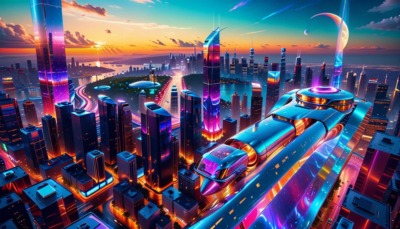 A Masterpiece In 32K Resolution, Supreme Quality, Super Detail, Official Art, Very High-Resolution 32K Wallpaper, Futuristic And Transcendent, Ultra-Detailed Features, Urban Dreamscape. Skyscrapers With Iridescent Surfaces Tower Above A Bustling City, Bathed In Neon Lights And Holographic Displays. Hovering Vehicles Glide Through The Air, While Lush Rooftop Gardens Add A Touch Of Nature To The Urban Landscape. A Radiant Moon Hangs Low In The Sky, Casting A Soft Glow On The Vibrant Streets Below.