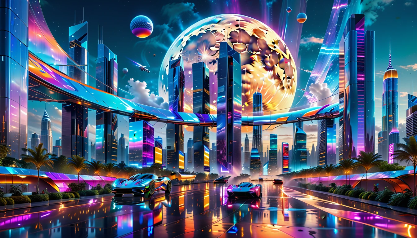 A Masterpiece In 32K Resolution, Supreme Quality, Super Detail, Official Art, Very High-Resolution 32K Wallpaper, Futuristic And Transcendent, Ultra-Detailed Features, Urban Dreamscape. Skyscrapers With Iridescent Surfaces Tower Above A Bustling City, Bathed In Neon Lights And Holographic Displays. Hovering Vehicles Glide Through The Air, While Lush Rooftop Gardens Add A Touch Of Nature To The Urban Landscape. A Radiant Moon Hangs Low In The Sky, Casting A Soft Glow On The Vibrant Streets Below.