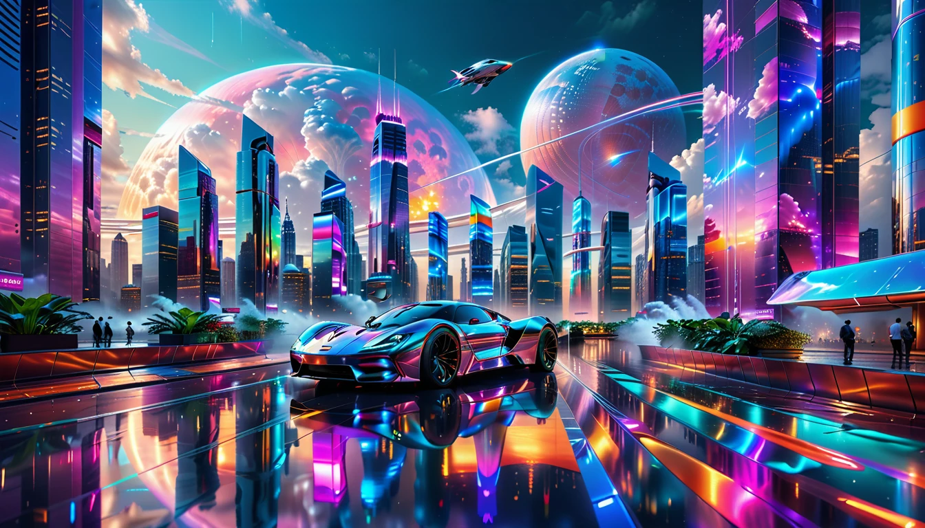 A Masterpiece In 32K Resolution, Supreme Quality, Super Detail, Official Art, Very High-Resolution 32K Wallpaper, Futuristic And Transcendent, Ultra-Detailed Features, Urban Dreamscape. Skyscrapers With Iridescent Surfaces Tower Above A Bustling City, Bathed In Neon Lights And Holographic Displays. Hovering Vehicles Glide Through The Air, While Lush Rooftop Gardens Add A Touch Of Nature To The Urban Landscape. A Radiant Moon Hangs Low In The Sky, Casting A Soft Glow On The Vibrant Streets Below.