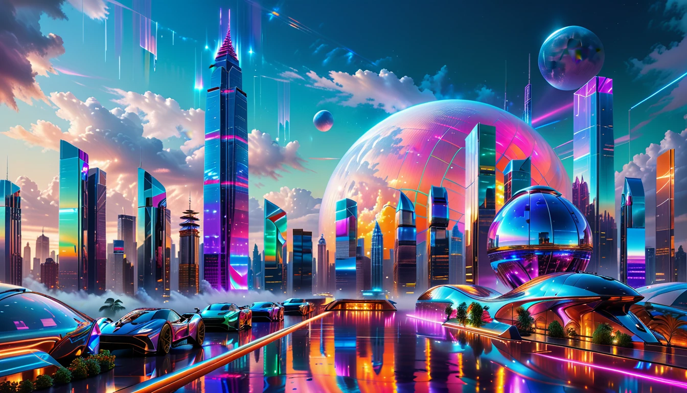 A Masterpiece In 32K Resolution, Supreme Quality, Super Detail, Official Art, Very High-Resolution 32K Wallpaper, Futuristic And Transcendent, Ultra-Detailed Features, Urban Dreamscape. Skyscrapers With Iridescent Surfaces Tower Above A Bustling City, Bathed In Neon Lights And Holographic Displays. Hovering Vehicles Glide Through The Air, While Lush Rooftop Gardens Add A Touch Of Nature To The Urban Landscape. A Radiant Moon Hangs Low In The Sky, Casting A Soft Glow On The Vibrant Streets Below.