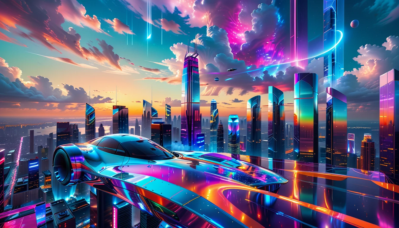 A Masterpiece In 32K Resolution, Supreme Quality, Super Detail, Official Art, Very High-Resolution 32K Wallpaper, Futuristic And Transcendent, Ultra-Detailed Features, Urban Dreamscape. Skyscrapers With Iridescent Surfaces Tower Above A Bustling City, Bathed In Neon Lights And Holographic Displays. Hovering Vehicles Glide Through The Air, While Lush Rooftop Gardens Add A Touch Of Nature To The Urban Landscape. A Radiant Moon Hangs Low In The Sky, Casting A Soft Glow On The Vibrant Streets Below.