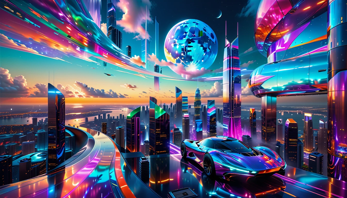 A Masterpiece In 32K Resolution, Supreme Quality, Super Detail, Official Art, Very High-Resolution 32K Wallpaper, Futuristic And Transcendent, Ultra-Detailed Features, Urban Dreamscape. Skyscrapers With Iridescent Surfaces Tower Above A Bustling City, Bathed In Neon Lights And Holographic Displays. Hovering Vehicles Glide Through The Air, While Lush Rooftop Gardens Add A Touch Of Nature To The Urban Landscape. A Radiant Moon Hangs Low In The Sky, Casting A Soft Glow On The Vibrant Streets Below.