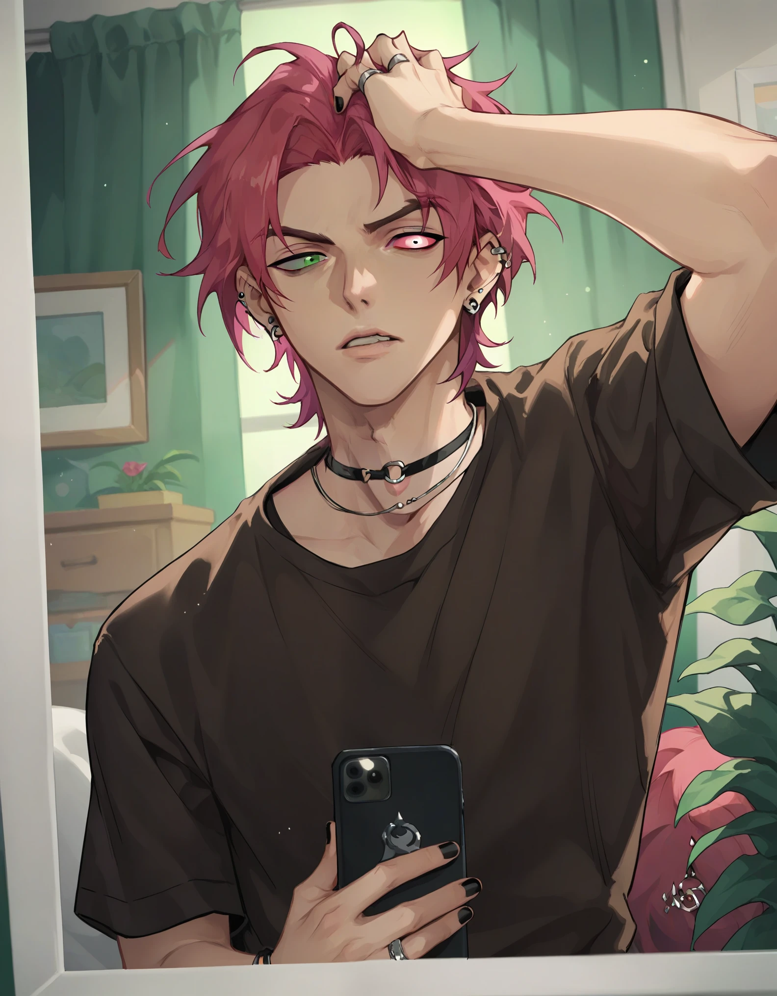 score_9, score_8_up, score_7_up, hs kayn, solo, looking at viewer, short hair, shirt, 1boy, holding, jewelry, green eyes, jacket, upper body, pink hair, short sleeves, male focus, red hair, earrings, parted lips, open clothes, teeth, pink eyes, black shirt, heterochromia, phone, piercing, ring, cellphone, ear piercing, black nails, holding phone, green background, hand in own hair, brown shirt
zPDXL, indoors, night