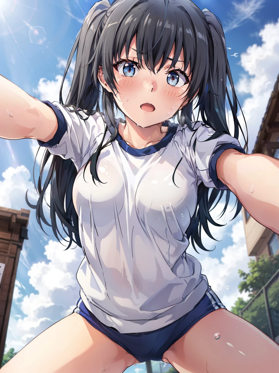 ((Best Quality, High resolution, Perfect Pixel, 4K)), (Beautiful Anime Girls), Depth of written boundary、
Watching the audience,
Perfect body,
Yukinoshita Yukino、Small breasts、Black Hair、Twin tails、
dark blue, Gym clothes、Navy blue bloomers、
(blush、Embarrassing、sweat:1.3)、
View your viewers, From below, Selfie、
null、cloud、Outdoor、summer、sunlight、
throw, Top girl, Straddle, Sex,