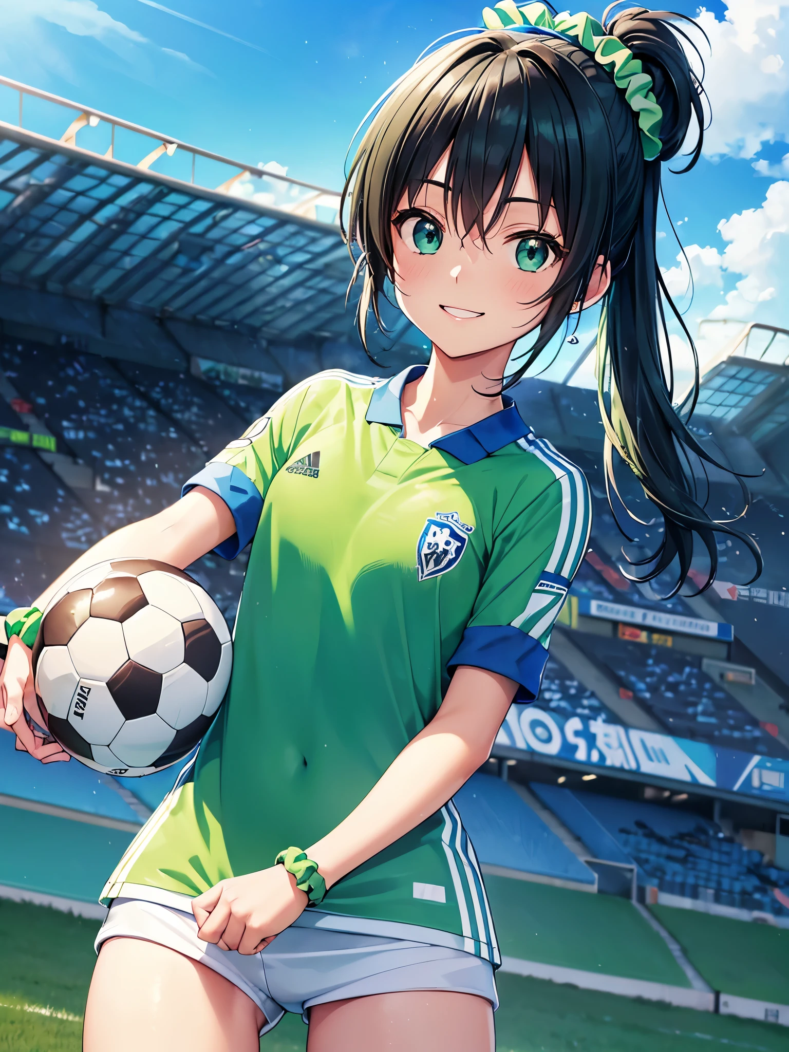 ((Light green soccer uniform:1.3)),(16k,Ultra-high resolution,Best Quality,masterpiece,Very detailed,Extremely clear CG),,Very detailed顔の特徴, Beautiful and perfect face:1.3, Perfect Eyes:1.3,,Cute and beautiful high school girl soccer player with short ponytail,((Blue Scrunchie:1.3)),Blue socks,(Black Hair),((A soccer stadium dyed light green:1.3)),((Beautiful clear blue sky:1.3)),Anatomically correct body,Light green wristband,The happiest smile,Best Anime,The best CG,Light green light,Blue accent color,((upper body Shot:1.3))