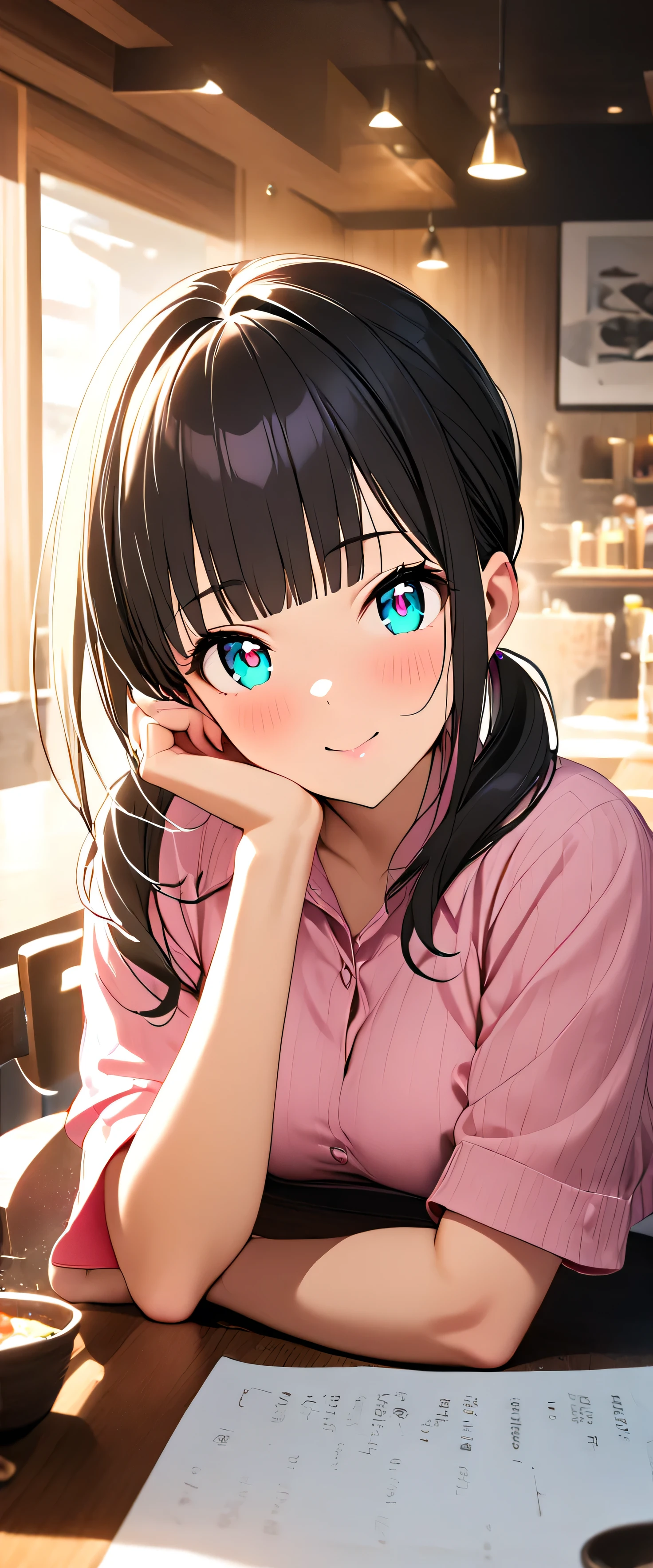 (beautiful girl: 1.3),One girl,masterpiece, Please redeem, Ultra-high resolution,Rich contrast,super high quality,8k,High-definition CG unit wallpaper,Texture,Very absurd,Ultra-high resolution,RAW Photos,Please redeem anime,Depth of written boundary 1.2,(Black Hair,high twintails,Straight bangs),Very detailed eyes,Glowing Skin,Glitter Effect,Beautiful glossy lips,restaurant,A girl who looks about ,smile,closed mouth,Tilt your head,(((Headrest))),etc