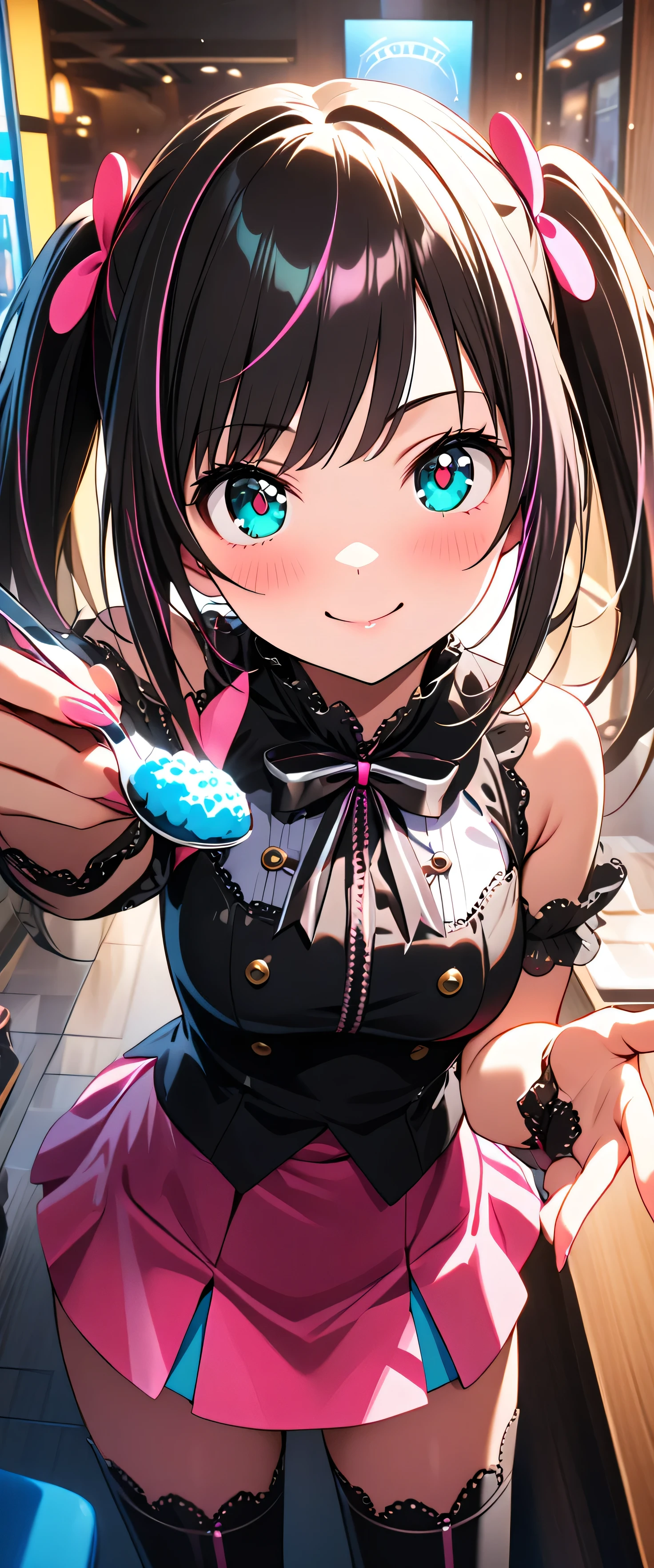 (beautiful girl: 1.3),One girl,masterpiece, Please redeem, Ultra-high resolution,Rich contrast,super high quality,8k,High-definition CG unit wallpaper,Texture,Very absurd,Ultra-high resolution,RAW Photos,Please redeem anime,Depth of written boundary 1.2,(Black Hair,high twintails,Straight bangs),Very detailed eyes,Glowing Skin,Glitter Effect,Beautiful glossy lips,restaurant,A girl who looks about ,smile,closed mouth,recorder,feeding,She puts the food in a spoon and feeds it to me,Tilt your head,(((Kizuna Ai)))