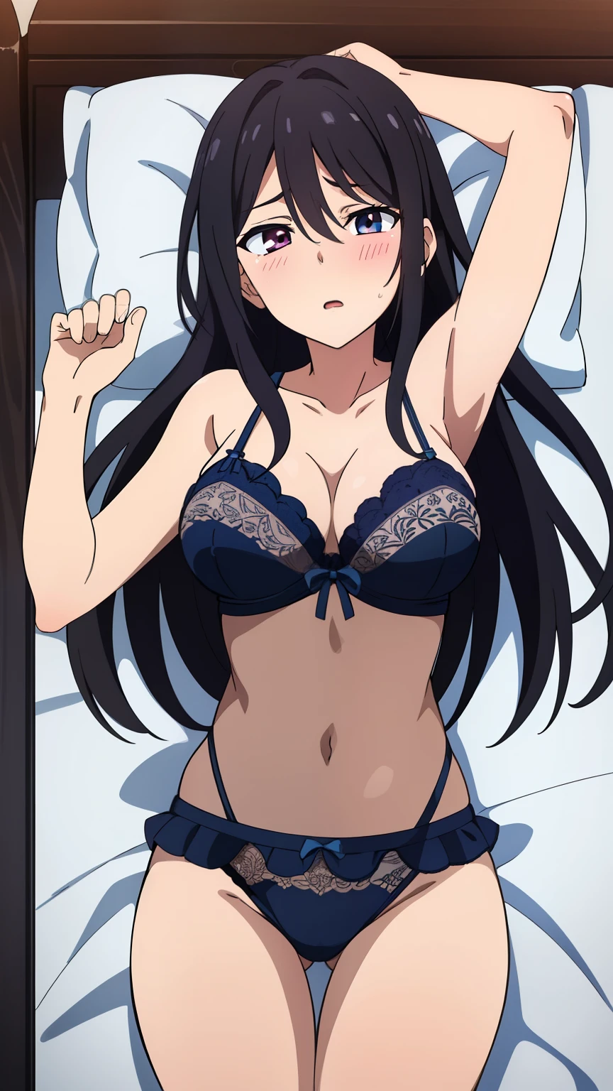 ((masutepiece, Best Quality, hight resolution, nffsw, Perfect Pixel, depth of fields, 4K, )), 1girl in, Solo, , Beautiful anime girl, Beautiful Art Style,
sitting:1.3, crossed arms:1.4, bed background,
Perfect body, smile face:1.4, front facing:1.4, full body:1.5, show feet:1.6,
yukinoshita yukino, long hair, black hair, large breasts, Full face blush, black lingerie,
straight on:1.3, medium shot