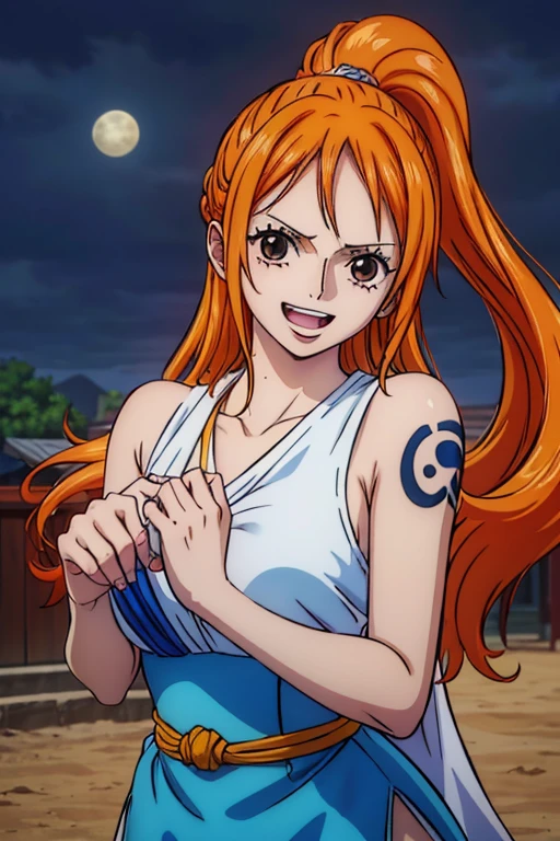  (Best Quality, 4K, 8k, High resolution, masterpiece:1.2), Super detailed, (Realistic, photoRealistic, photo-Realistic:1.37) ,Generate a realistic anime style of Nami from One Piece,Must be made in an anime style,ponytail,A girl with very pale orange-yellow hair,Beautiful brown eyes,moon,Goddess Costume,Cane,Large Breasts,Beautiful Hair ,The gaze is on the camera,アートスタイルはCharmingなアニメスタイルに似ている. rendering. To enhance the visual effect, Add HDR, 超High resolution, Studio Lighting, Ultra-fine painting, Sharp focus, 物理ベースrendering, Very detailed explanation, professional, Vibrant colors, ボケはなく安定拡散professionalンプトを、Please enter as is, Do not use prefixes or punctuation marks,Her hair is bright orange、Nami tattoo on left shoulder、(((Best Quality))), ((Super detailed)),((masterpiece:1.5)), Detailed Photos, smile, sexy, (Best Quality: 1.4), (One Girl), Beautiful Face, (Orange Hair, Long Hair: 1.2), Beautiful Hairstyle, Beautiful details in the eyes, (Realisticな肌), Beautiful Skin, Beautiful lipstick,Beautiful Lips,Absurd, Charming, 超High resolution, High image quality, (Sexually excited:1.5),Perfect fingers,Perfect limbs,Perfect Fingers