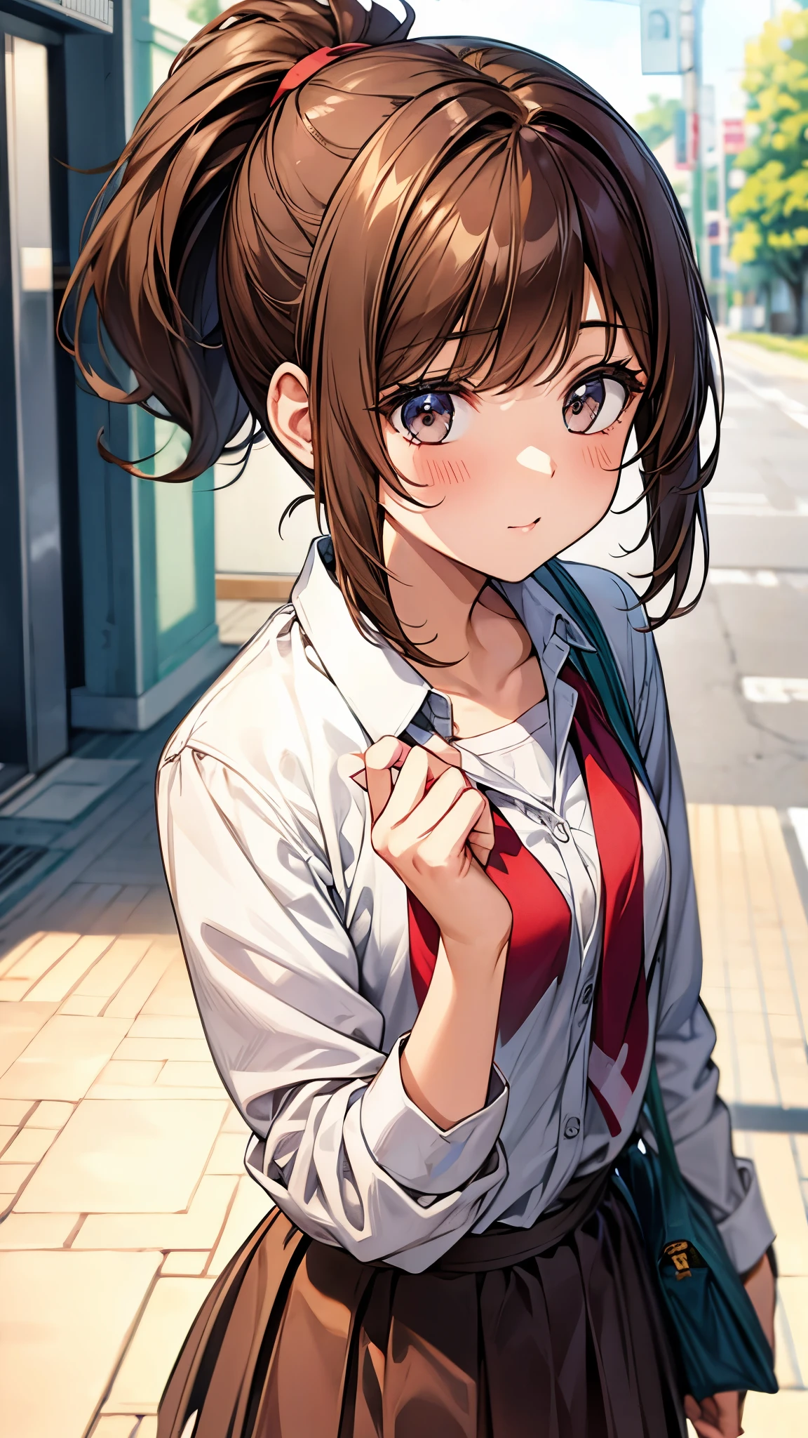(masterpiece:1.3, top-quality, ultra high res, ultra detailed), (realistic, photorealistic:1.4), beautiful illustration, perfect lighting, colorful, depth of fields, 
beautiful detailed hair, beautiful detailed face, beautiful detailed eyes, beautiful clavicle, beautiful body, beautiful chest, beautiful thigh, beautiful legs, beautiful fingers, 
looking at viewer, 1 girl, japanese, high school girl, perfect face, (perfect anatomy, anatomically correct), cute and symmetrical face, babyface, , shiny skin, 
(long hair:1.7, side ponytail:1.6, light brown hair), asymmetrical bangs, dark red eyes, long eye lasher, (medium breasts), slender, 
((collared short sleeve shirt, pink plaid pleated skirt, red tie)), polka dot hair scrunchie, 
(beautiful scenery), evening, (park, cityscape in the distance), (walking, sexy pose),, (lovely smile, upper eyes, open mouth), 