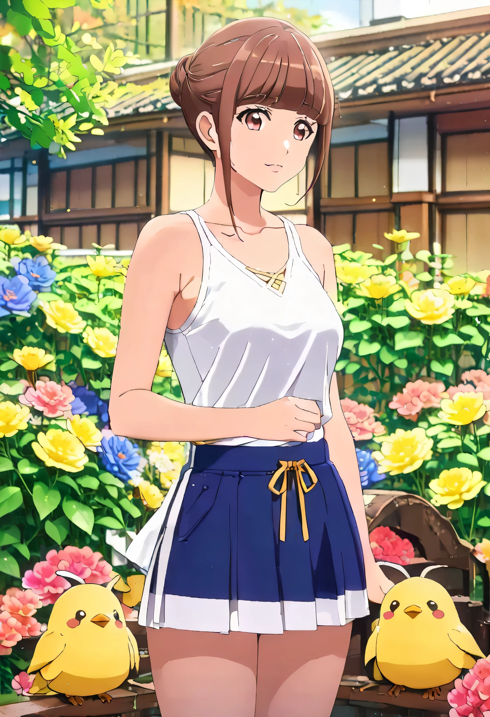 (Best Quality), Realistic, Blue Iris, garden, ( Japanese Idol Girl), (Abdominal muscles:1.2), Brown Hair, twintails, Tanned dark skin, (Fine brown eyes), (smile:0.8), (Detailed areola:1.2) (yellow small thong,:1.4), (Large Breasts), (--No shirt),