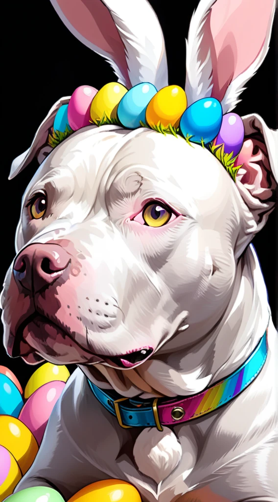 anime style, A strikingly majestic Easter Pitbull sitting wearing a bunny ear hat and a fake easter eggs on its collar, its fur exhibiting a stunning blend of colors, reminiscent of the intricate strokes of a master painter, closeup, profile