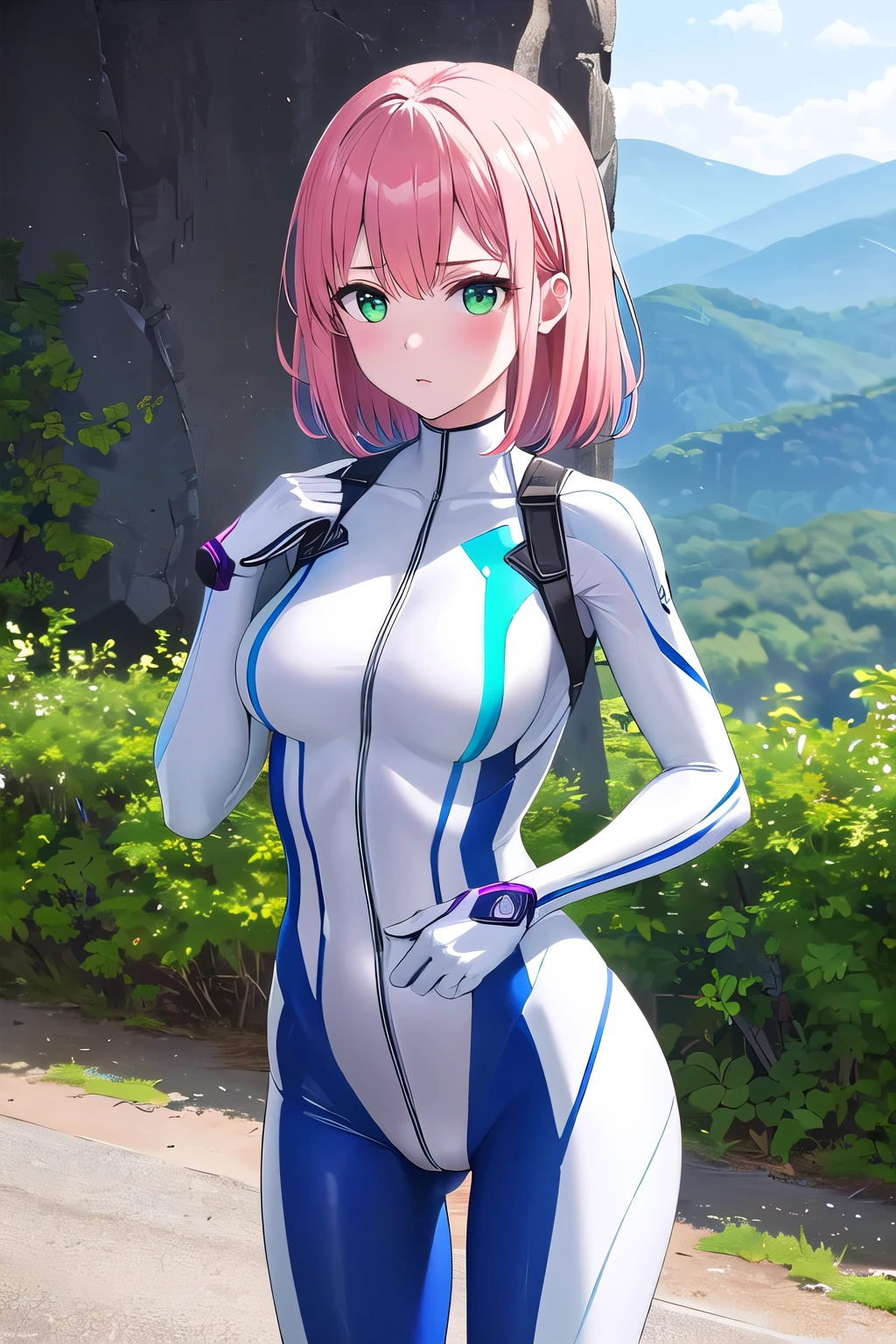 in a forest with fog and trees in the background and a light shining through her
bodysuit, headgear, plugsuit, white bodysuit,
okita souji, ahoge, pink hair, hair between eyes, (hair bow), (short hair:1.2), yellow eyes,
1 girl, 20yo,young female,Beautiful Finger,Beautiful long legs,Beautiful body,Beautiful Nose,Beautiful character design, perfect eyes, perfect face,
looking at viewer, (innocent_big_eyes:1.0),(expressionless:1.3),seductive anime girl.teasing smile,
NSFW,official art,extremely detailed CG unity 8k wallpaper, perfect lighting,Colorful, Bright_Front_face_Lighting,
(masterpiece:1.0),(best_quality:1.0), ultra high res,4K,ultra-detailed,
photography, 8K, HDR, highres, absurdres:1.2, Kodak portra 400, film grain, blurry background, bokeh:1.2, lens flare, (vibrant_color:1.2)
(Beautiful,medium_Breasts:1.4), (beautiful_face:1.5),(narrow_waist),(perfect hands, perfect anatomy),