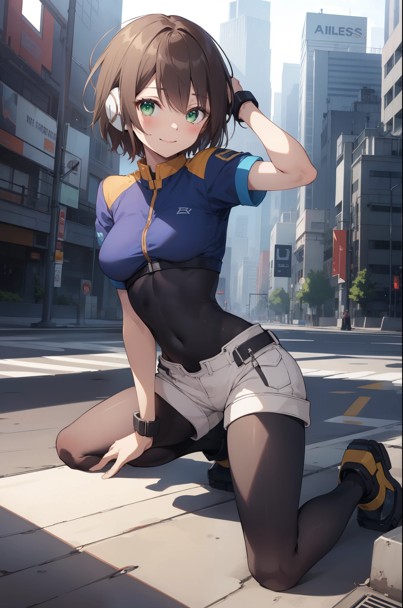 aile_megamanzx, kneeling with one hand on the ground and the other arm raised, 1girl, solo, short hair, brown hair, short sleeves, (bodysuit), robot ears, green eyes, very_short_shorts, short sleeves, short over long sleeves, smile, in futuristic city, , high quality, medium_breasts,crotch, slouch,groin