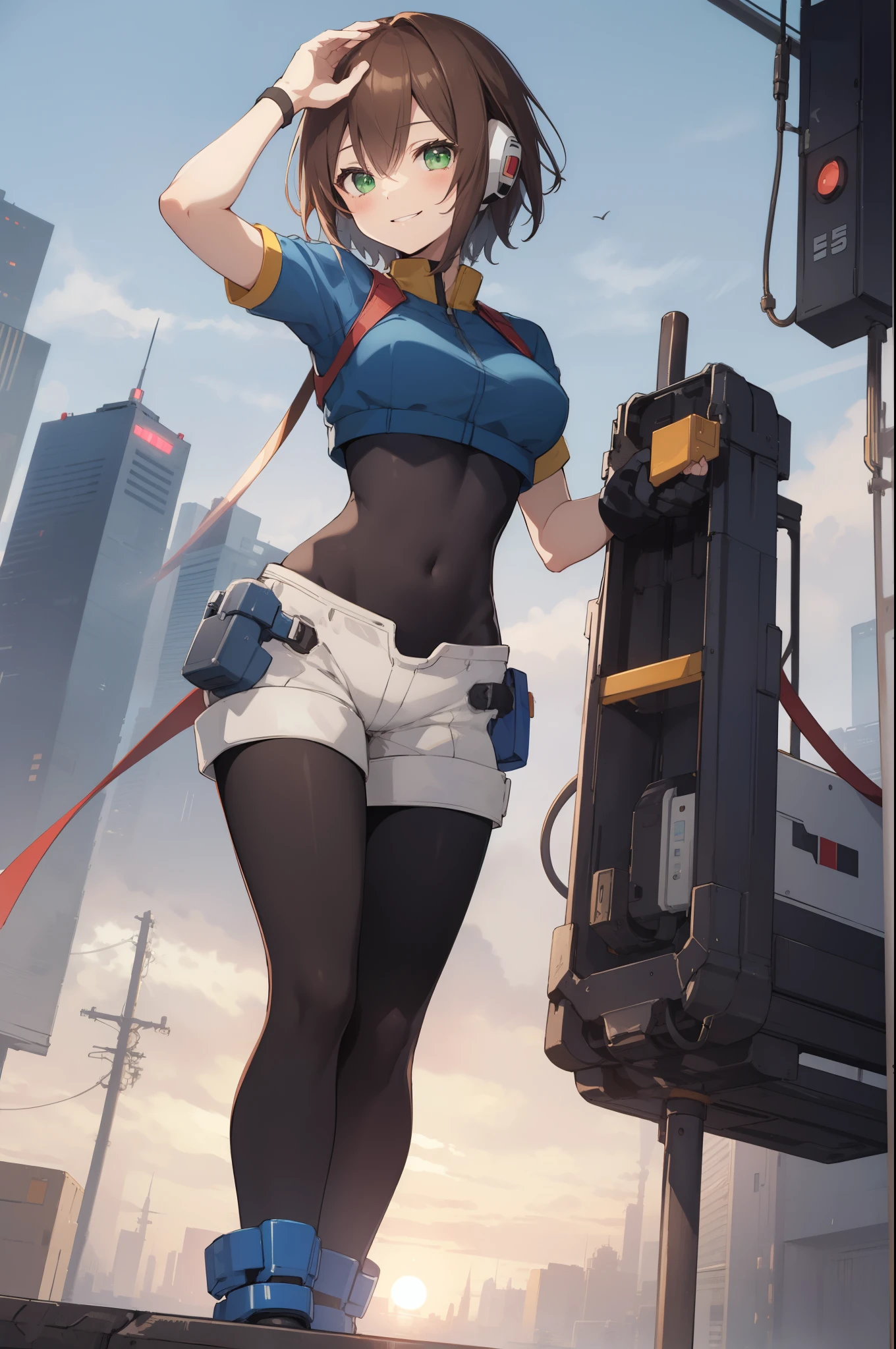 aile_megamanzx, kneeling with one hand on the ground and the other arm raised, 1girl, solo, short hair, brown hair, short sleeves, (bodysuit), robot ears, green eyes, very_short_shorts, short sleeves, short over long sleeves, smile, in futuristic city, , high quality, medium_breasts,crotch, slouch,groin