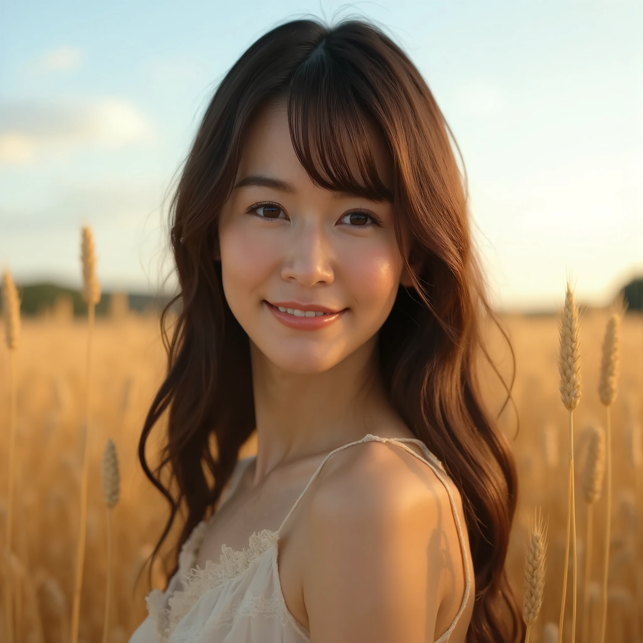 (UHD, masterpiece, anatomically correct, textured skin, super detail, best quality, highres, 8k, bloom, Front Light:1.2, Perfect dynamic composition,) Photograph of A portrait of a young woman standing in a field of tall, golden wheat. She is wearing a navy blue jacket and has long dark hair styled in loose waves with soft bangs framing her face. The woman is looking directly at the camera with a slight smile on her face. The sky is blue with a few clouds in the distance. The overall mood of the image is peaceful and serene, capturing a tranquil moment in nature. harmonious color theory composition. capturing the fleeting golden moment. with warm, golden sunlight just before sunset. shot on Sony A1. with nostalgic sepia toning
