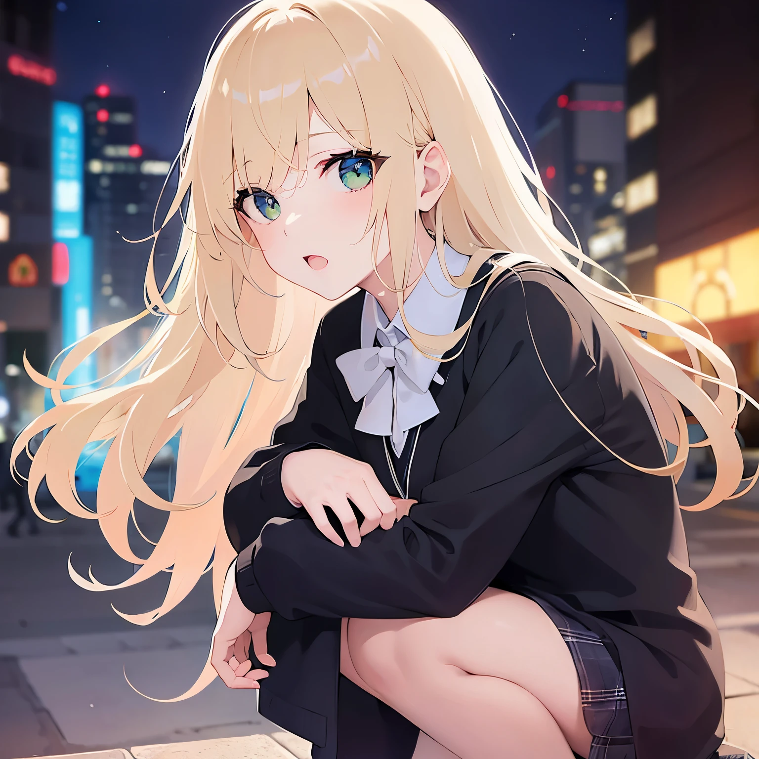 1girl, a purple eye, red blush, length hair, Twin-tailed, solofocus, brown haired, the bow, bangss, hair between eye, blue bow, blush of the nose, bright blush, :o, tusk, Very long hair, breastsout, blonde hair, tusk, outside of house, natta, a street, starrysky, Benches, sitting on
、hooded jacket、rcasual、a dark night、nigh sky、Arm hug、Open jacket、pleatedskirt、(((Flipping skirt、I can see the white panties)))、(Guido Daniel's Hand: 1.1),