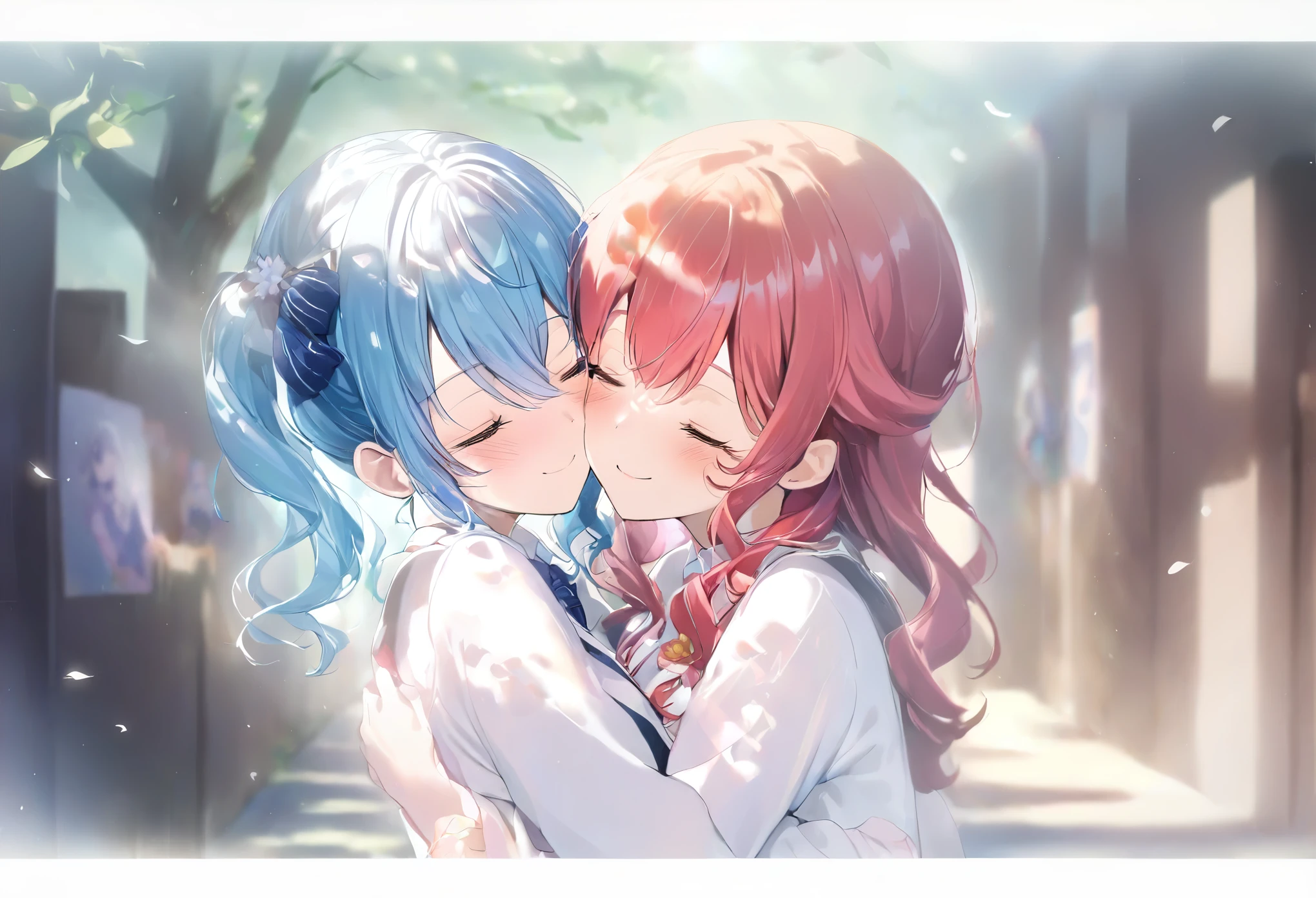 (((2girls))), together, two people, masterpiece, best quality, integrated scenery, integrated background, extremely delicate and beautiful, meticulous details, good composition, closed_eyes, cute face, perfect face, perfect hands, sakura miko, SakuraMiko, HoshimachiSuisei, hoshimachi suisei, blurry background, sunlight, light blush, ((school)), upper body, looking each other, smile, , (hugging each other),in_school,sunlight,kissing,happiness,