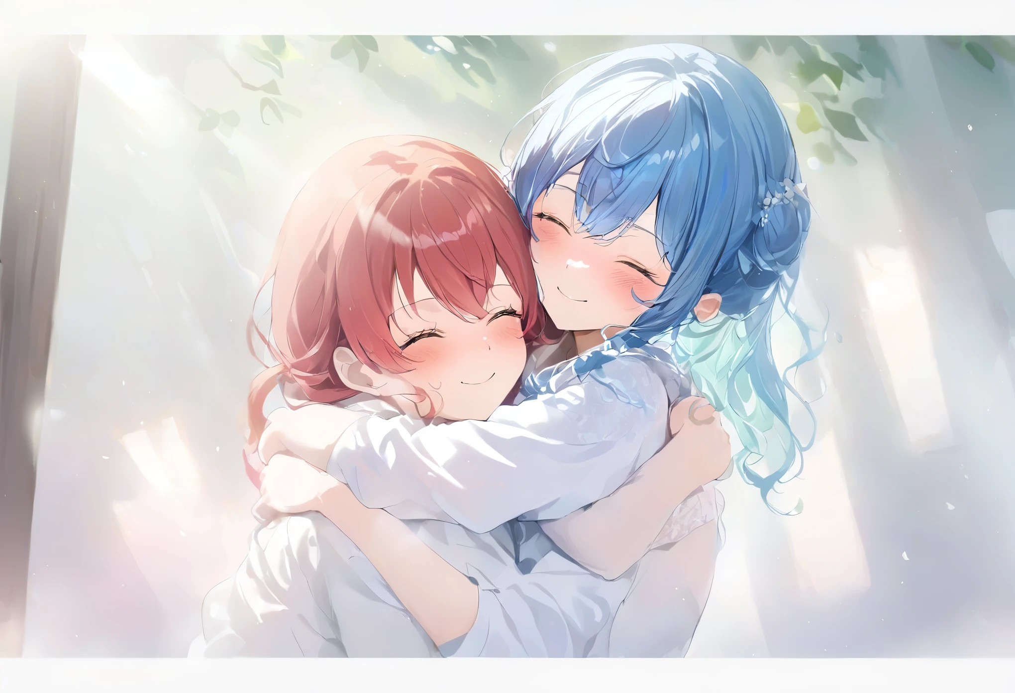 (((2girls))), together, two people, masterpiece, best quality, integrated scenery, integrated background, extremely delicate and beautiful, meticulous details, good composition, closed_eyes, cute face, perfect face, perfect hands, sakura miko, SakuraMiko, HoshimachiSuisei, hoshimachi suisei, sunlight, blush, ((school)), upper body, looking each other, smile, , (hugging each other),in_school,kissing,happiness,asms,